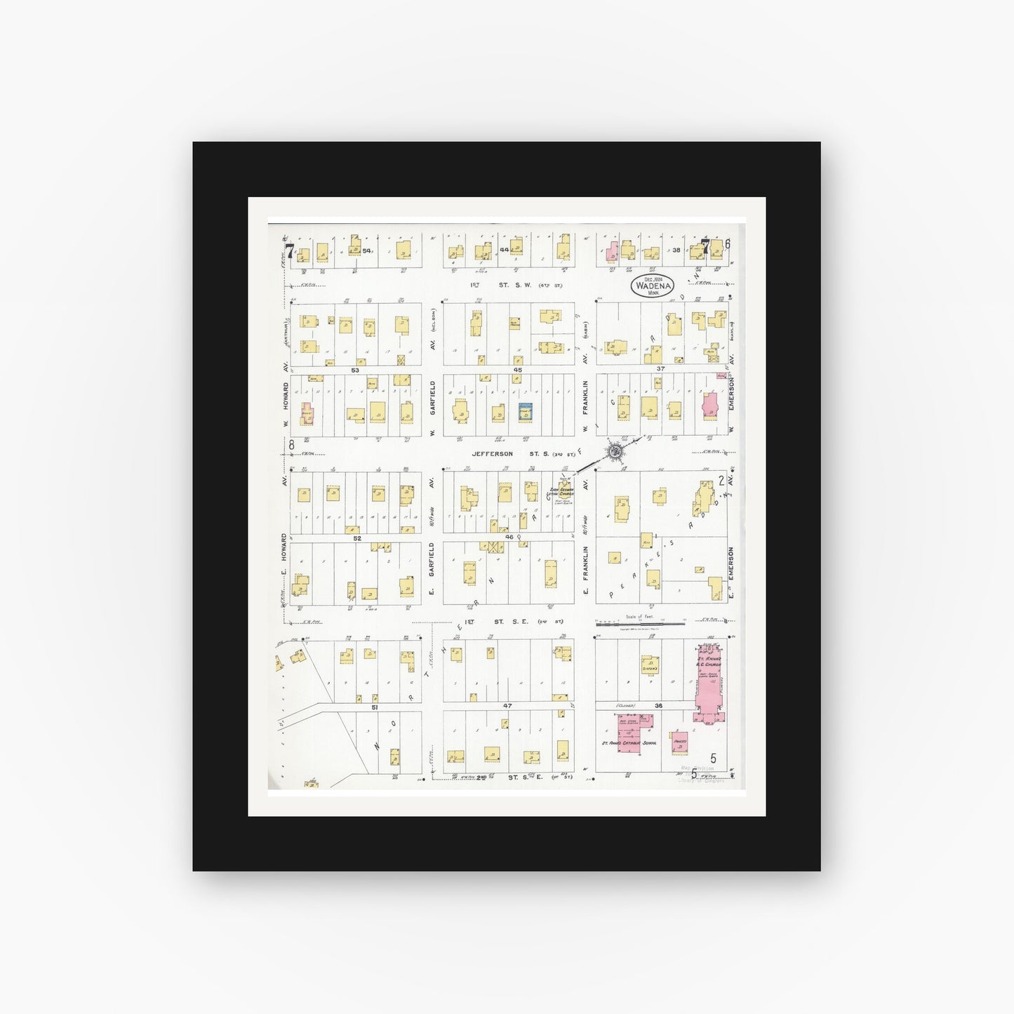 Old map wall art mockup — black gallery frame with white mat — Sanborn Fire Insurance Map from Wadena, Wadena County, Minnesota (1924), Sheet #0007