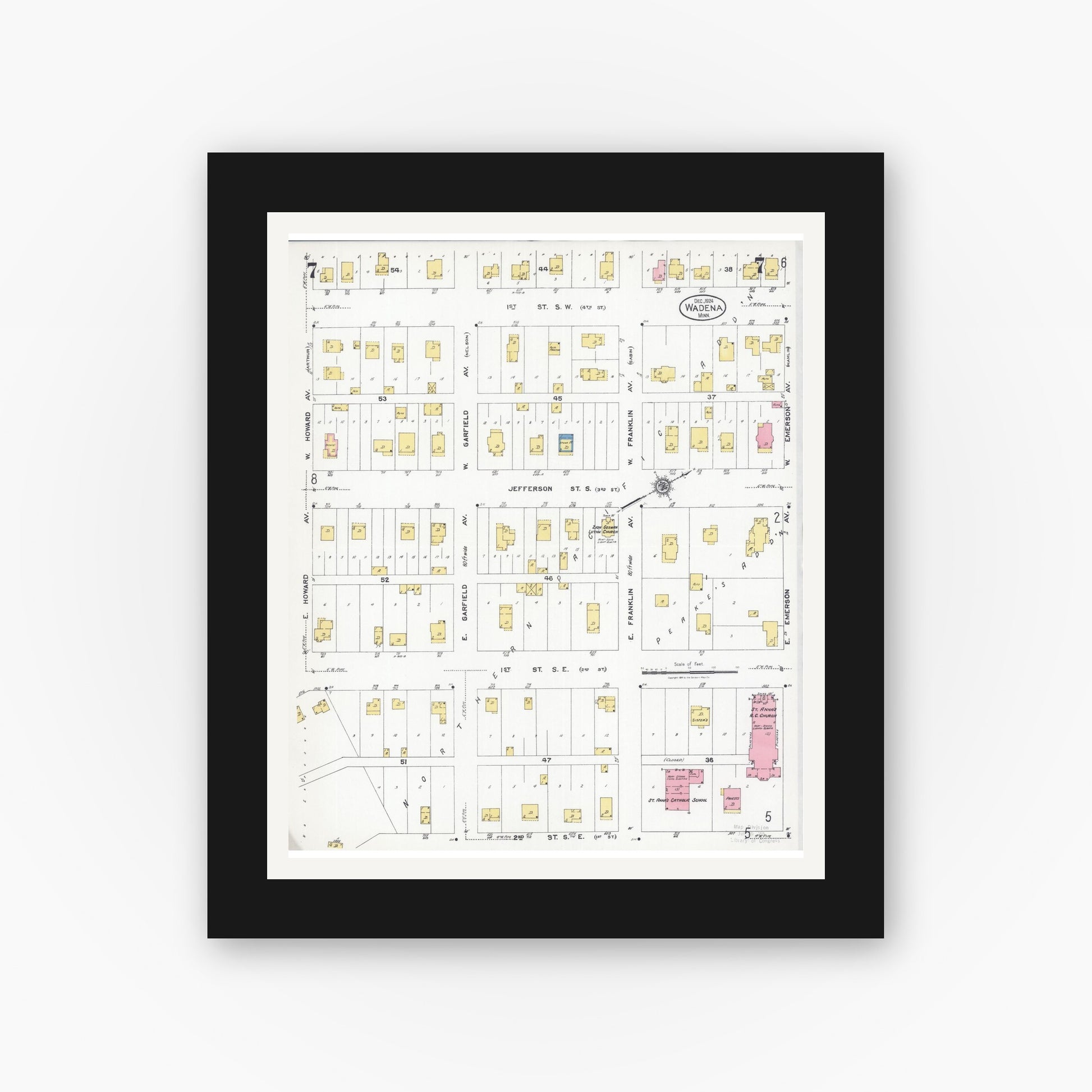 Old map wall art mockup — black gallery frame with white mat — Sanborn Fire Insurance Map from Wadena, Wadena County, Minnesota (1924), Sheet #0007