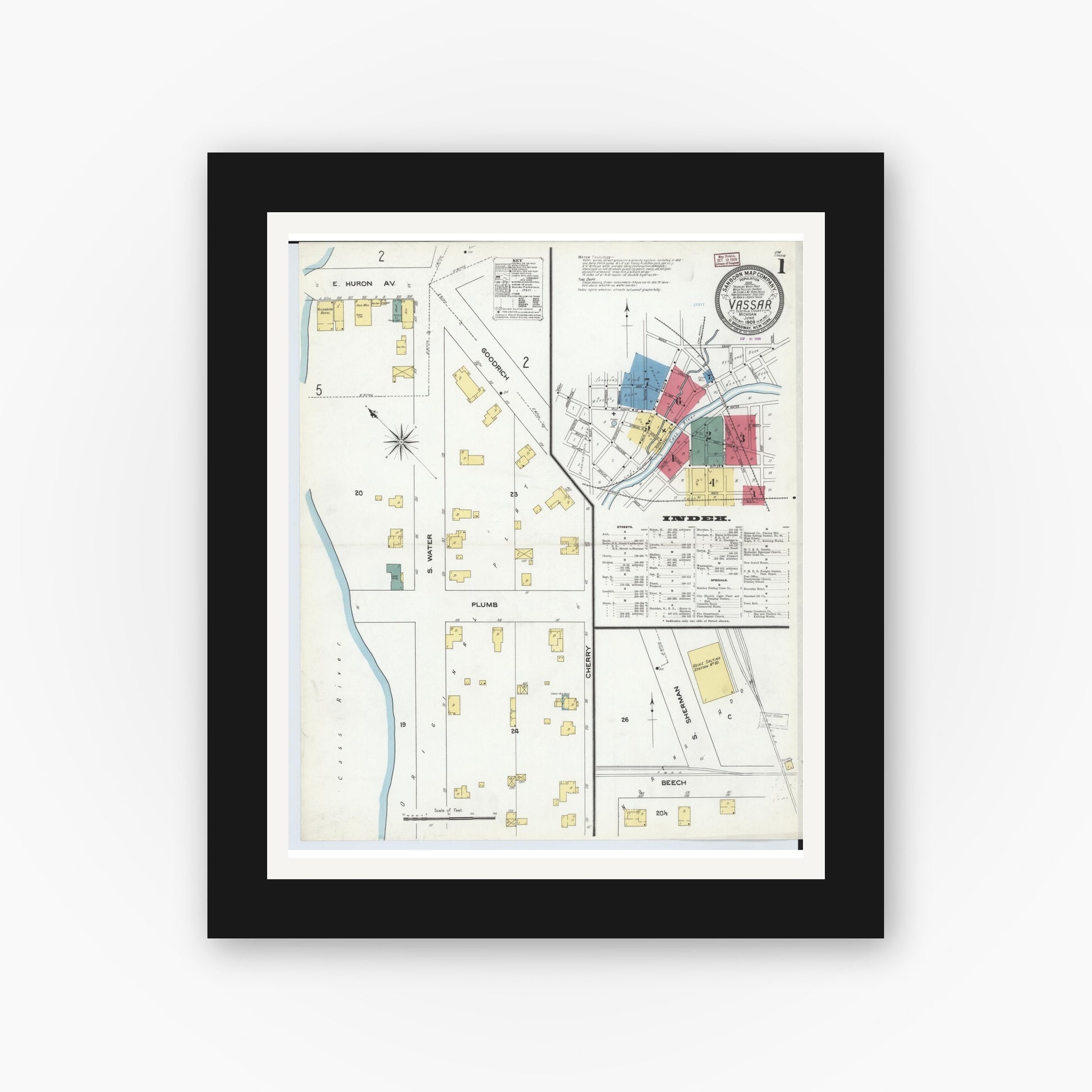 Old map wall art mockup — black gallery frame with white mat — Sanborn Fire Insurance Map from Vassar, Tuscola County, Michigan (1909), Sheet #0001