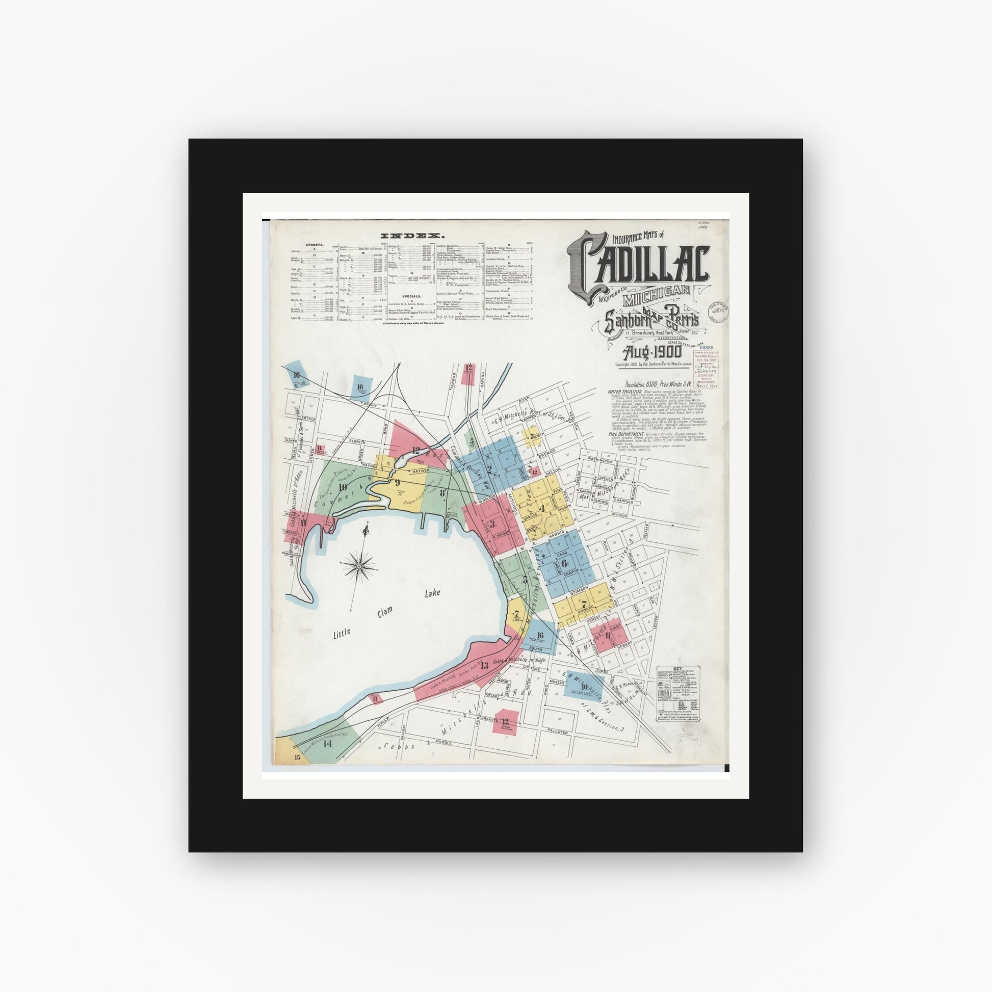 Old map wall art mockup — black gallery frame with white mat — Sanborn Fire Insurance Map from Cadillac, Wexford County, Michigan (1900) - Complete Map Set