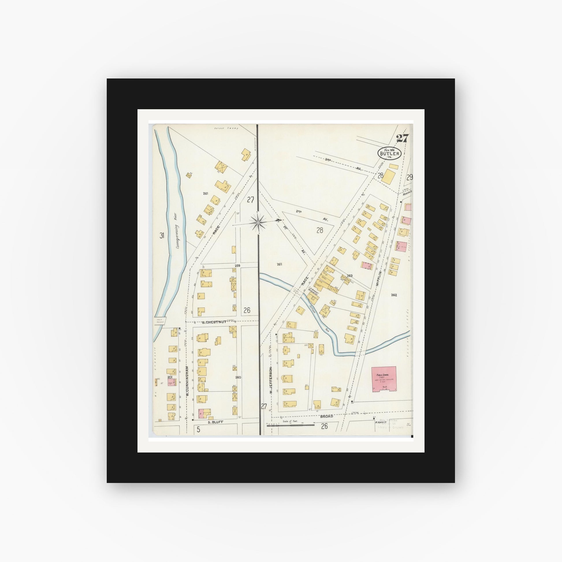 Old map wall art mockup — black gallery frame with white mat — Sanborn Fire Insurance Map from Butler, Butler County, Pennsylvania (1906), Sheet #0027