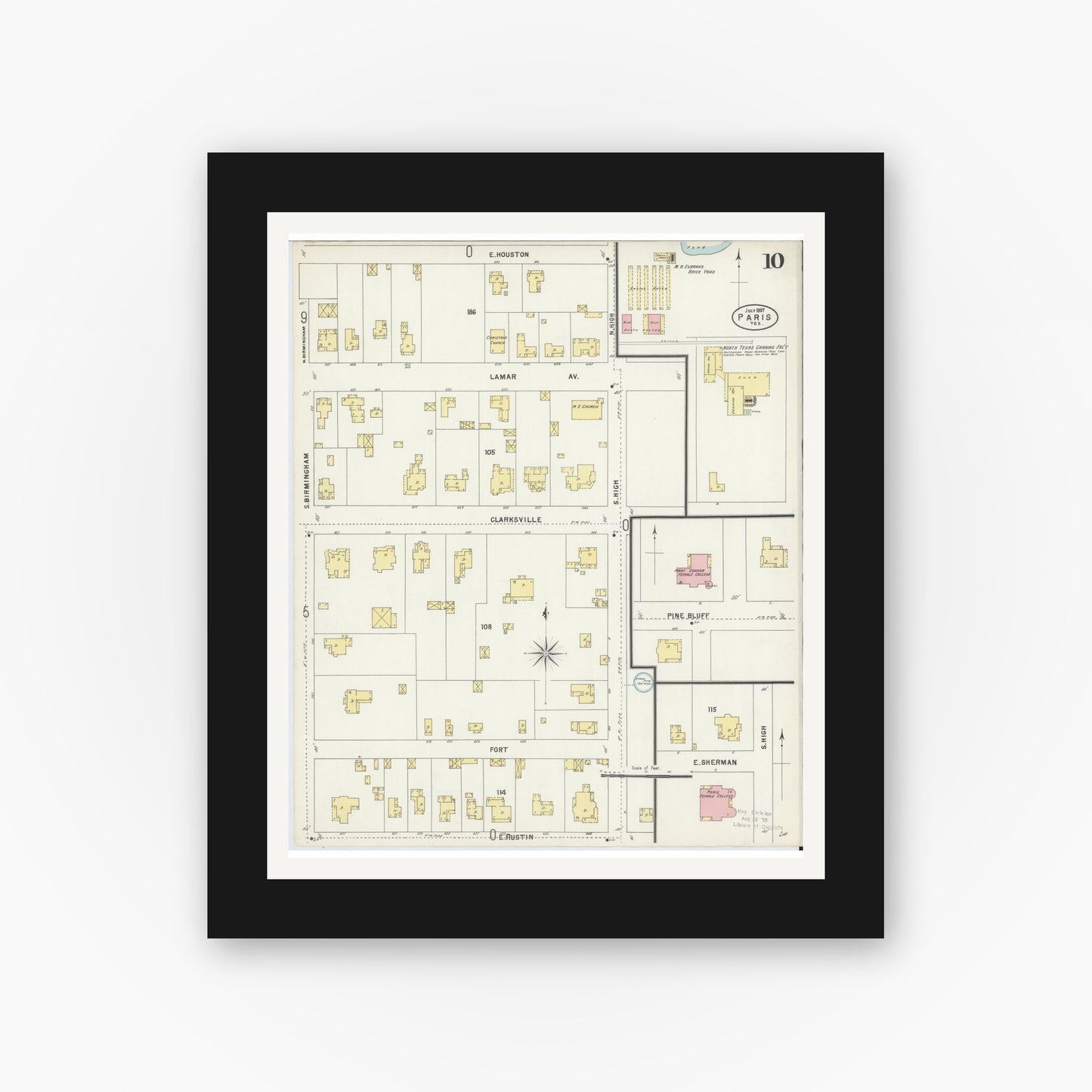 Old map wall art mockup — black gallery frame with white mat — Sanborn Fire Insurance Map from Paris, Lamar County, Texas (1897), Sheet #0010