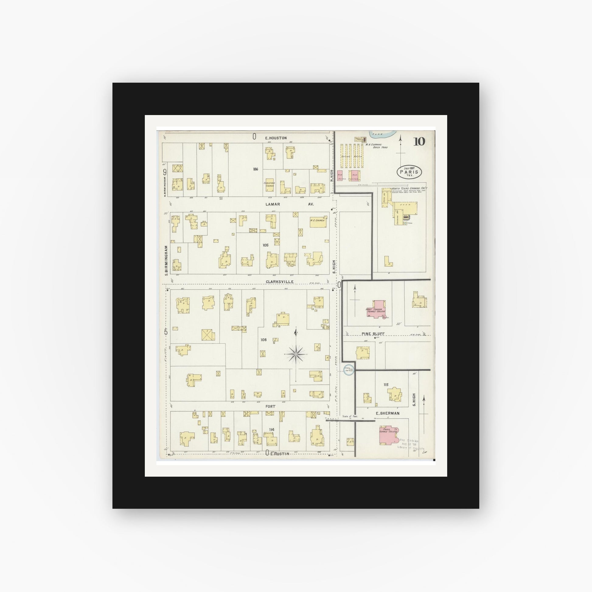 Old map wall art mockup — black gallery frame with white mat — Sanborn Fire Insurance Map from Paris, Lamar County, Texas (1897), Sheet #0010