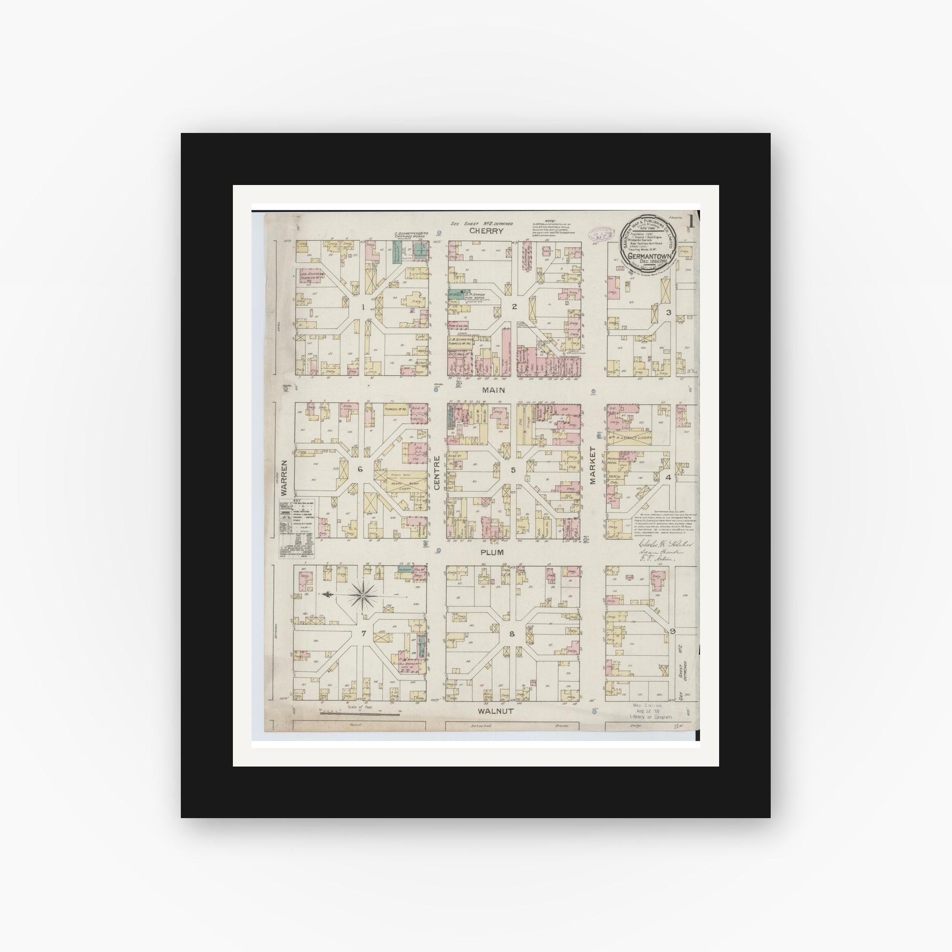 Old map wall art mockup — black gallery frame with white mat — Sanborn Fire Insurance Map from Germantown, Montgomery County, Ohio (1886), Sheet #0001