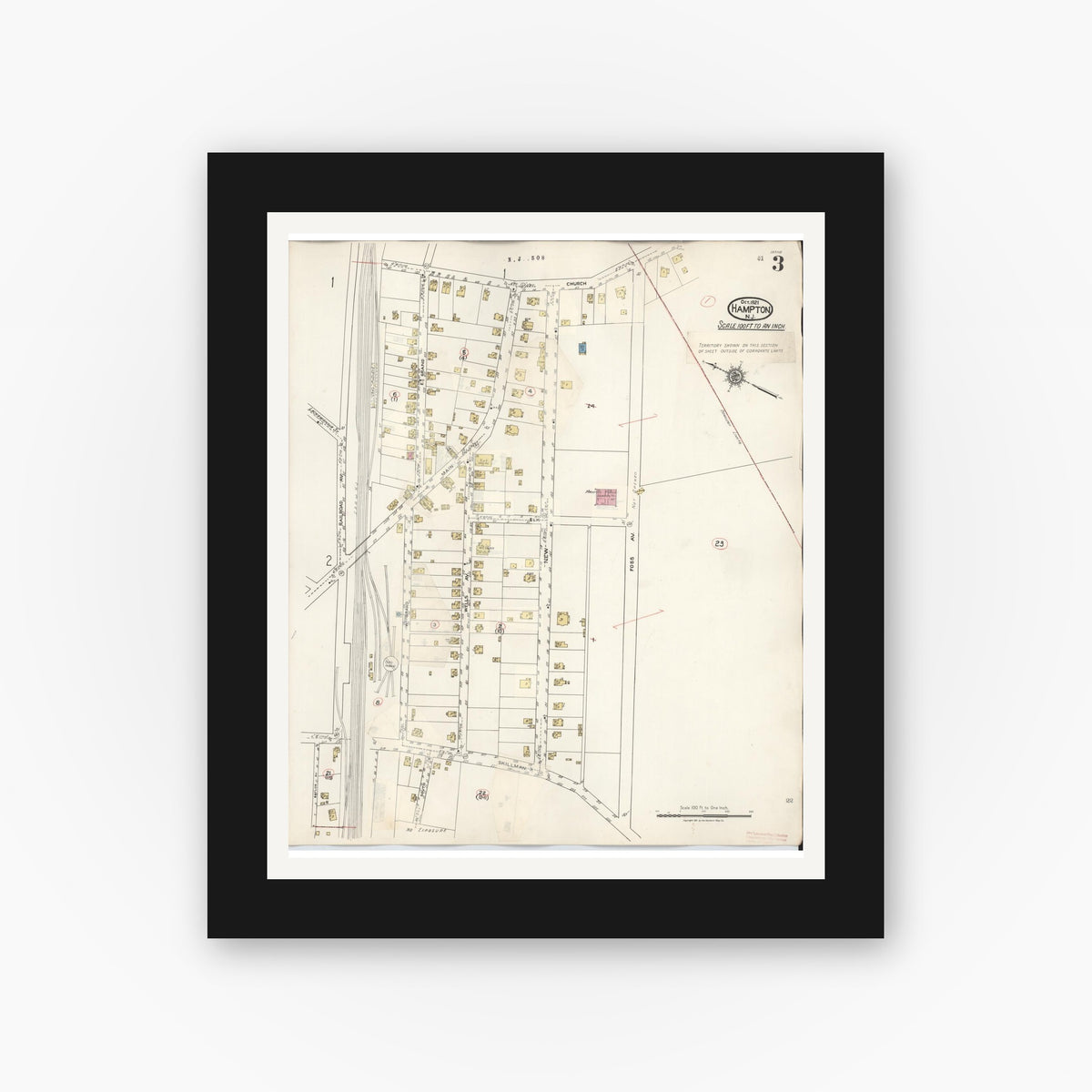 Old map wall art mockup — black gallery frame with white mat — Sanborn Fire Insurance Map from Hampton, Hunterdon County, New Jersey (1936), Sheet #0003