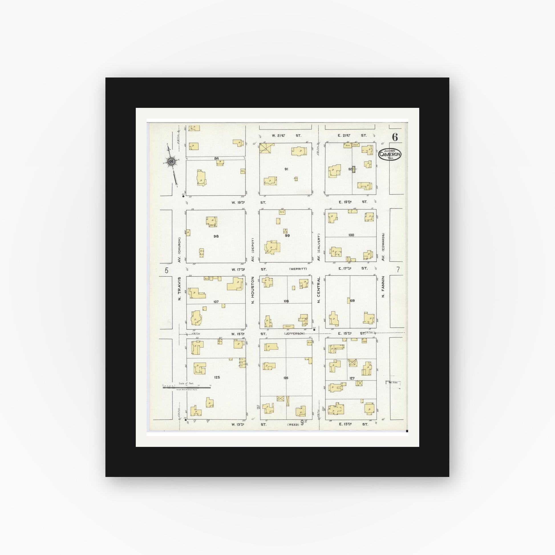 Old map wall art mockup — black gallery frame with white mat — Sanborn Fire Insurance Map from Cameron, Milam County, Texas (1920), Sheet #0006