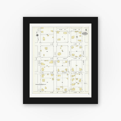 Old map wall art mockup — black gallery frame with white mat — Sanborn Fire Insurance Map from Cameron, Milam County, Texas (1920), Sheet #0006
