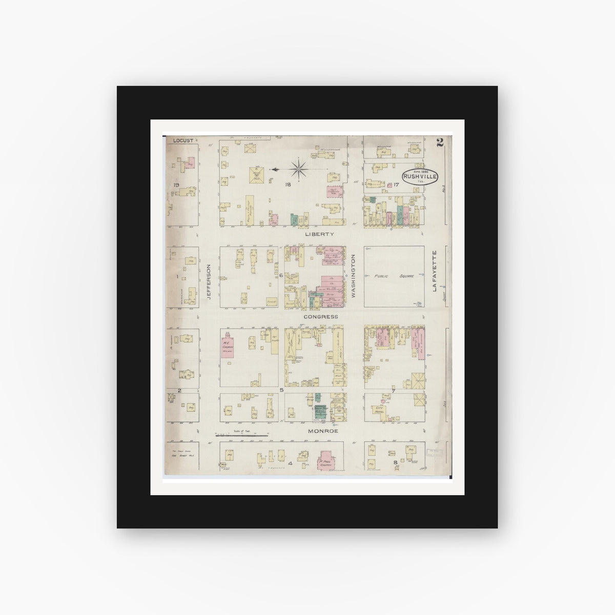Old map wall art mockup — black gallery frame with white mat — Sanborn Fire Insurance Map from Rushville, Schuyler County, Illinois (1886), Sheet #0002
