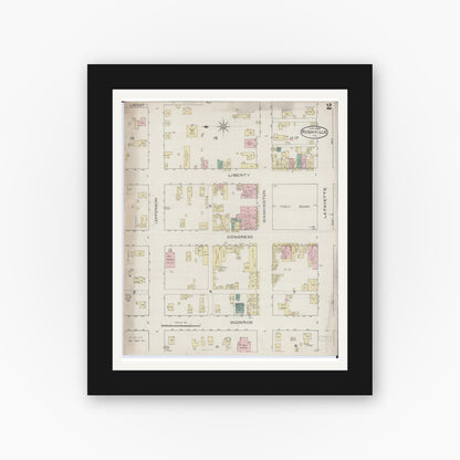 Old map wall art mockup — black gallery frame with white mat — Sanborn Fire Insurance Map from Rushville, Schuyler County, Illinois (1886), Sheet #0002