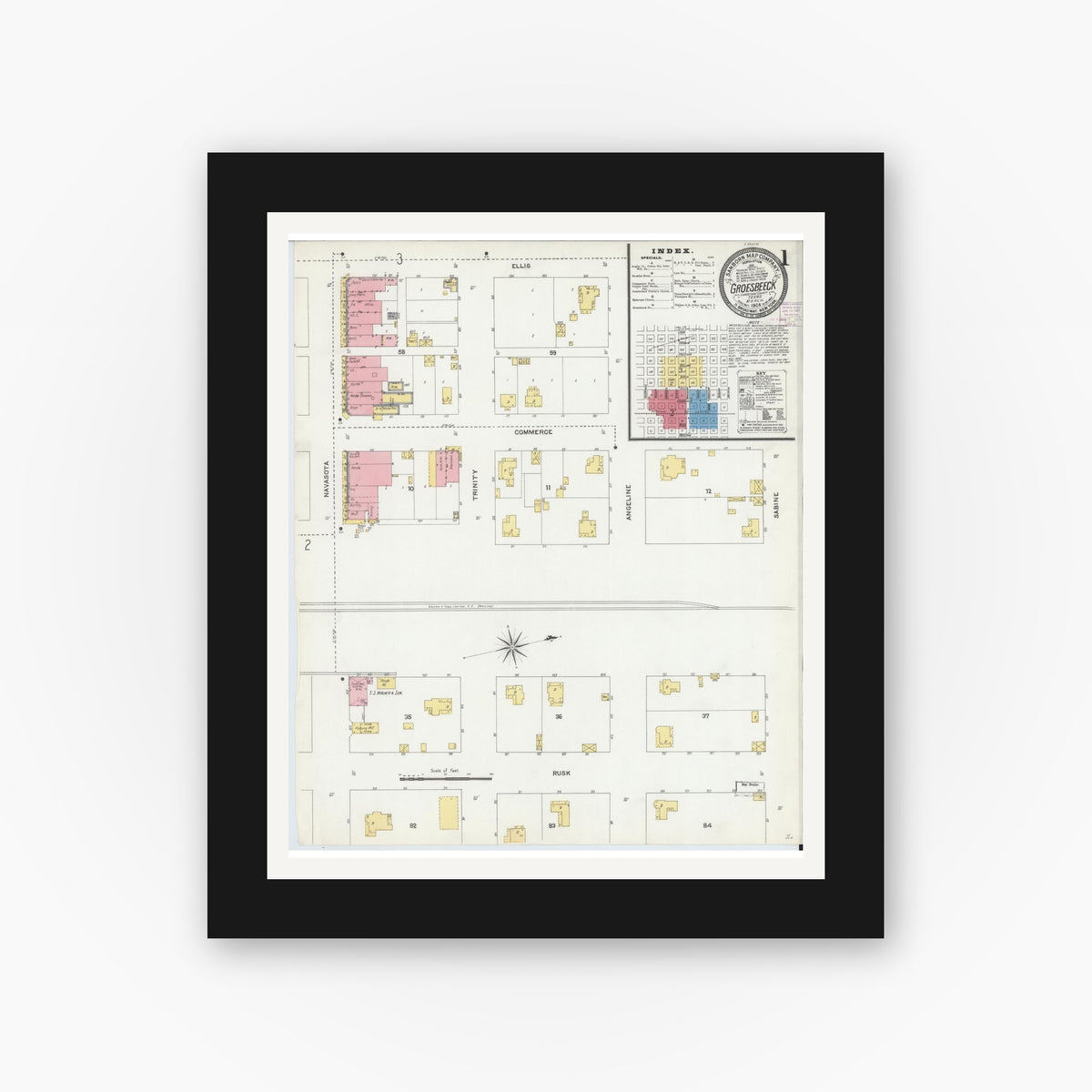 Old map wall art mockup — black gallery frame with white mat — Sanborn Fire Insurance Map from Groesbeck, Limestone County, Texas (1906), Sheet #0001