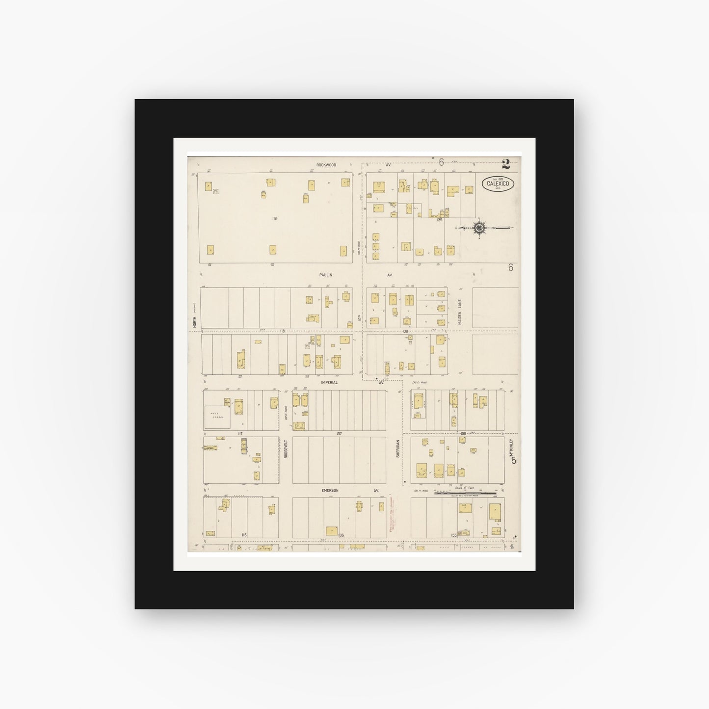 Old map wall art mockup — black gallery frame with white mat — Sanborn Fire Insurance Map from Calexico, Imperial County, California (1920), Sheet #0002