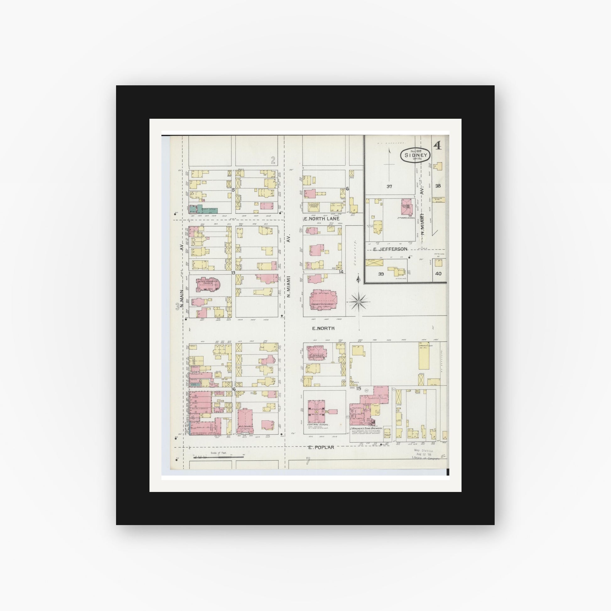 Old map wall art mockup — black gallery frame with white mat — Sanborn Fire Insurance Map from Sidney, Shelby County, Ohio (1892), Sheet #0004