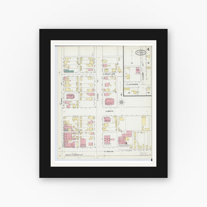Old map wall art mockup — black gallery frame with white mat — Sanborn Fire Insurance Map from Sidney, Shelby County, Ohio (1892), Sheet #0004