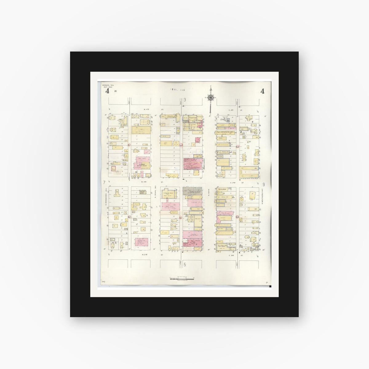 Old map wall art mockup — black gallery frame with white mat — Sanborn Fire Insurance Map from Borger, Hutchinson County, Texas (1950), Sheet #0004