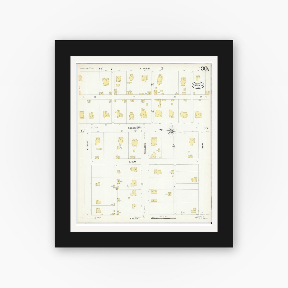 Old map wall art mockup — black gallery frame with white mat — Sanborn Fire Insurance Map from Sherman, Grayson County, Texas (1908), Sheet #0030