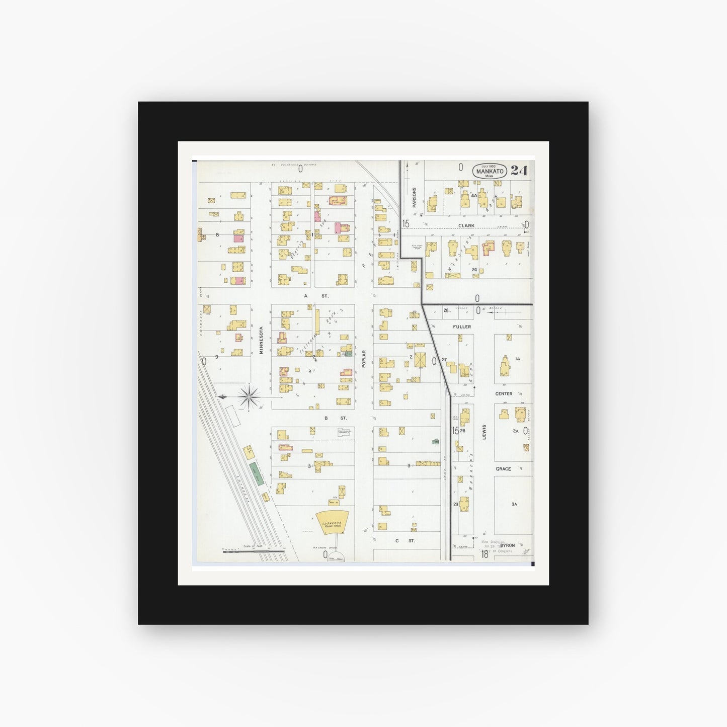 Old map wall art mockup — black gallery frame with white mat — Sanborn Fire Insurance Map from Mankato, Blue Earth County, Minnesota (1900), Sheet #0024