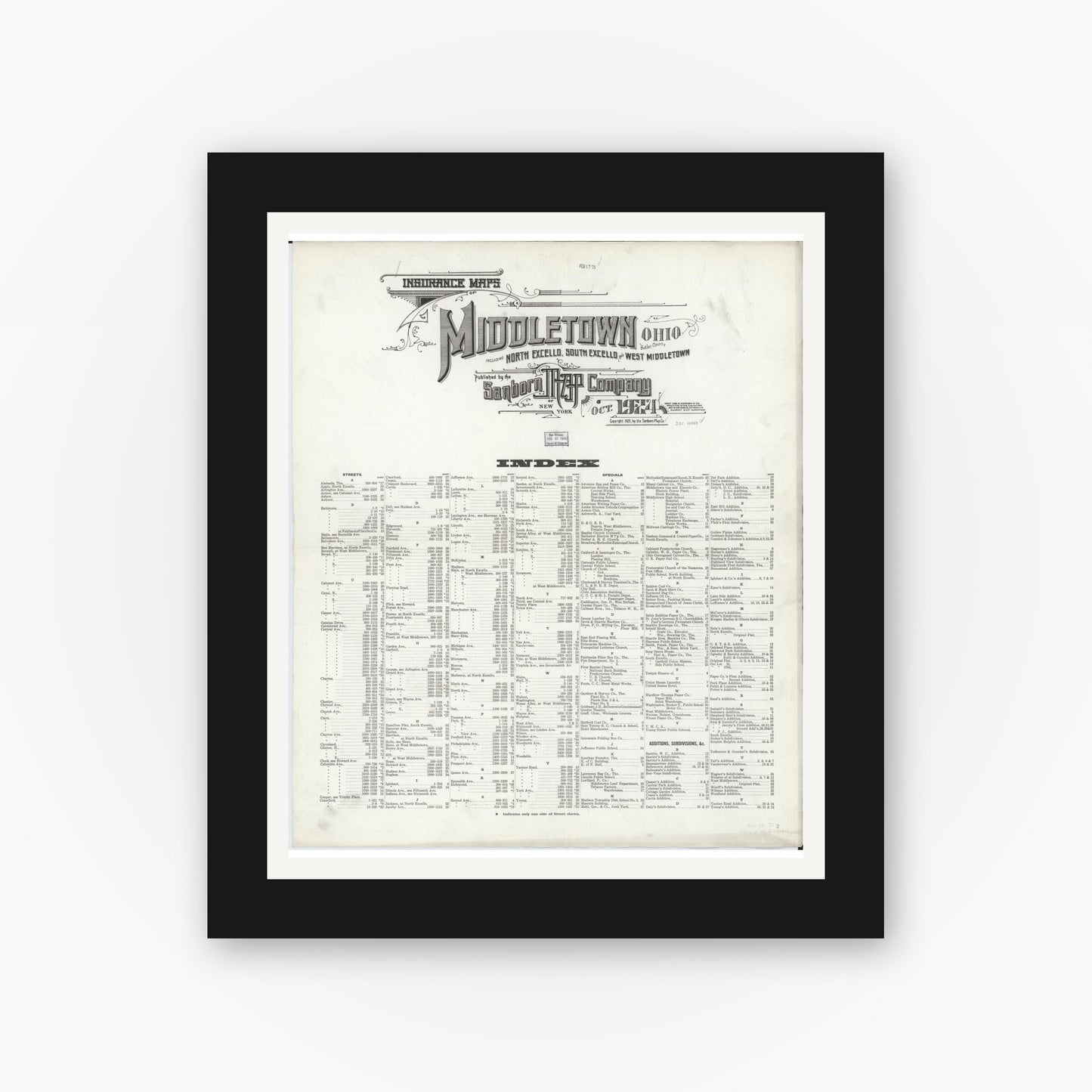 Old map wall art mockup — black gallery frame with white mat — Sanborn Fire Insurance Map from Middletown, Butler County, Ohio (1924), Sheet #0001