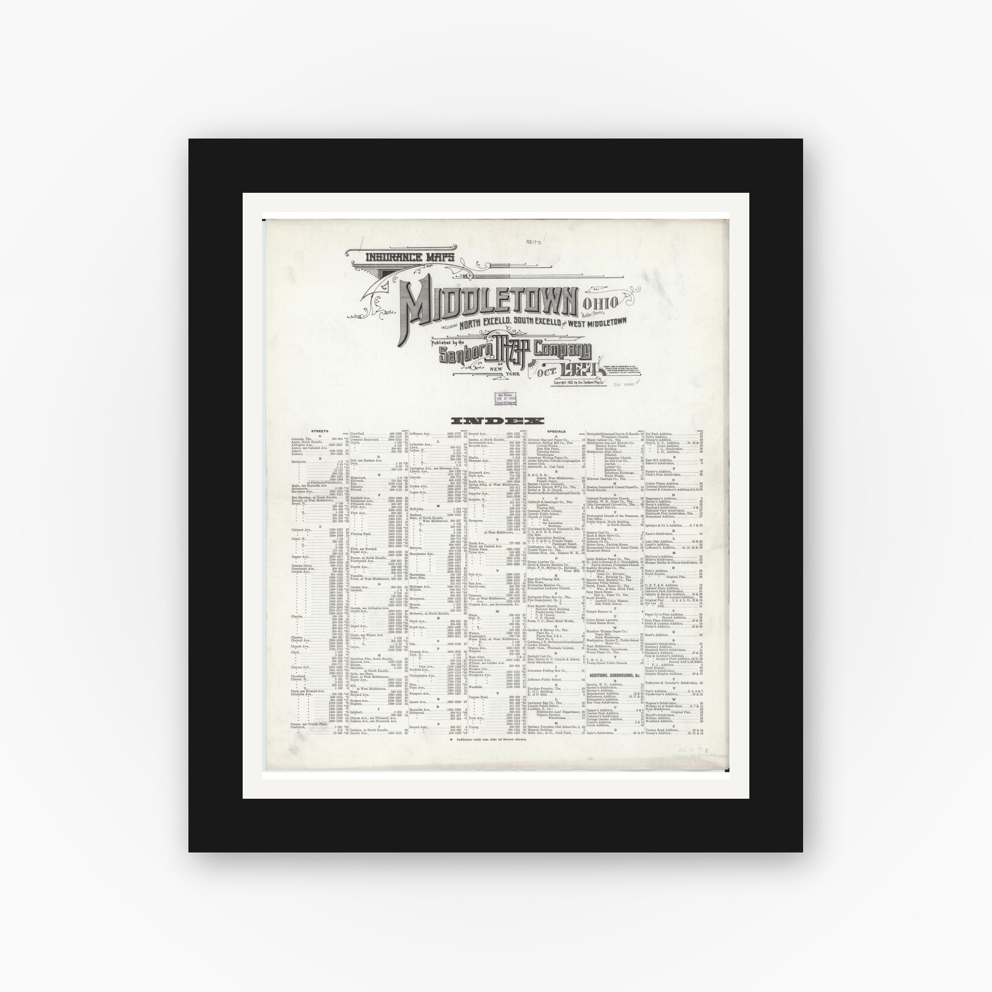 Old map wall art mockup — black gallery frame with white mat — Sanborn Fire Insurance Map from Middletown, Butler County, Ohio (1924), Sheet #0001