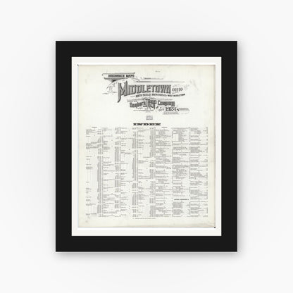 Old map wall art mockup — black gallery frame with white mat — Sanborn Fire Insurance Map from Middletown, Butler County, Ohio (1924), Sheet #0001