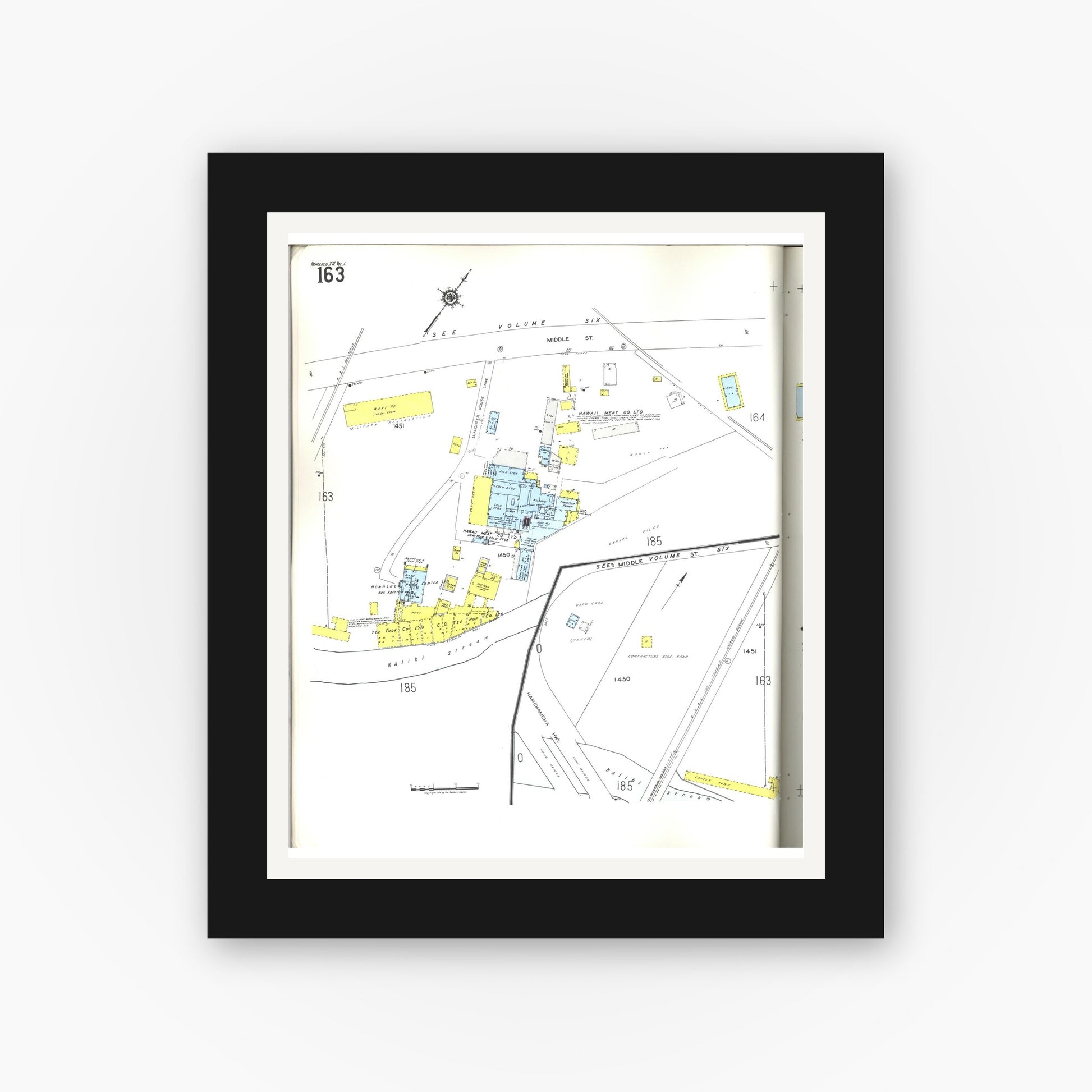 Old map wall art mockup — black gallery frame with white mat — Sanborn Fire Insurance Map from Honolulu, Oahu County, Hawaii (1955), Sheet #0163