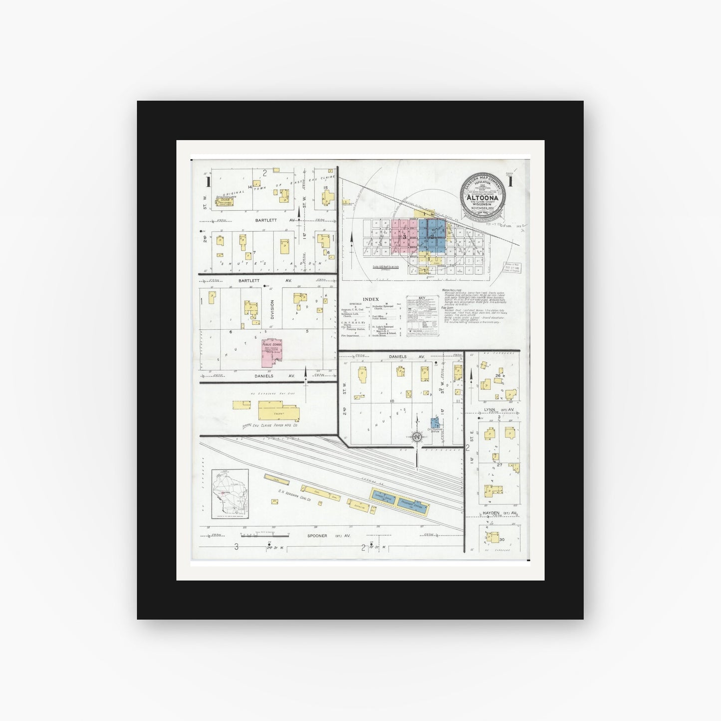 Old map wall art mockup — black gallery frame with white mat — Sanborn Fire Insurance Map from Altoona, Eau Claire County, Wisconsin (1930), Sheet #0001