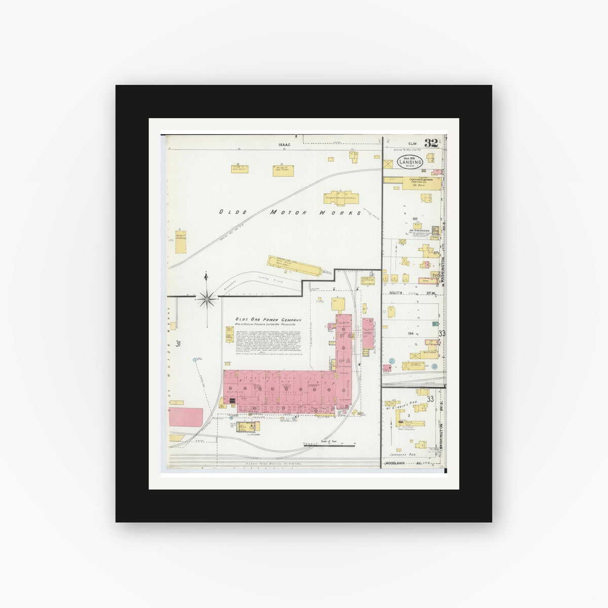 Old map wall art mockup — black gallery frame with white mat — Sanborn Fire Insurance Map from Lansing, Ingham County, Michigan (1906), Sheet #0032