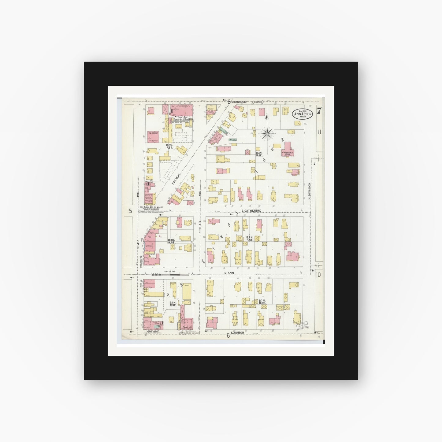 Old map wall art mockup — black gallery frame with white mat — Sanborn Fire Insurance Map from Ann Arbor, Washtenaw County, Michigan (1899), Sheet #0007