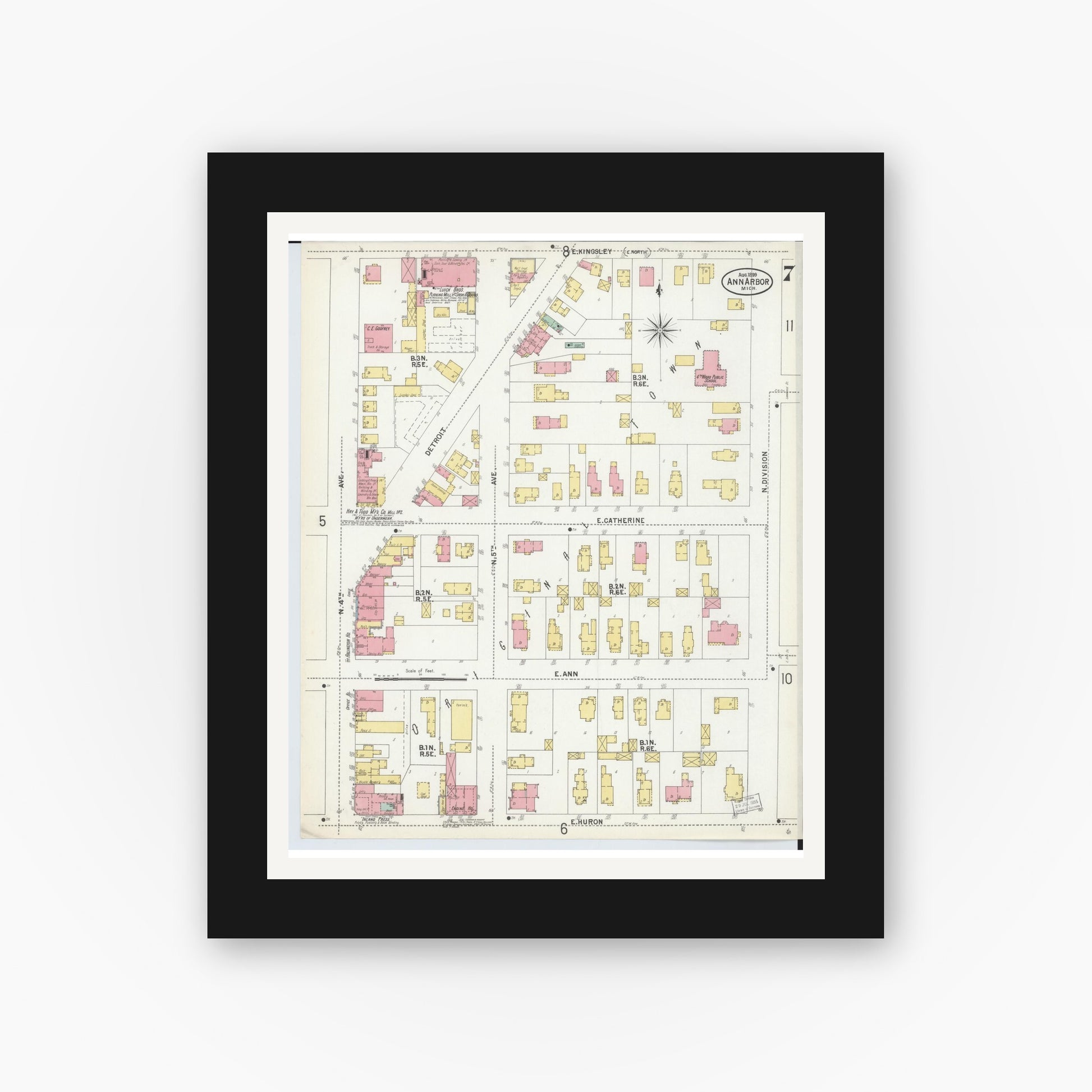 Old map wall art mockup — black gallery frame with white mat — Sanborn Fire Insurance Map from Ann Arbor, Washtenaw County, Michigan (1899), Sheet #0007