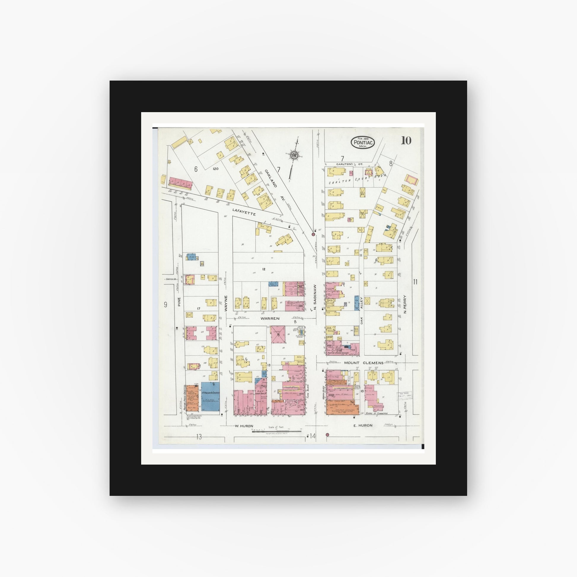 Old map wall art mockup — black gallery frame with white mat — Sanborn Fire Insurance Map from Pontiac, Oakland County, Michigan (1919), Sheet #0010