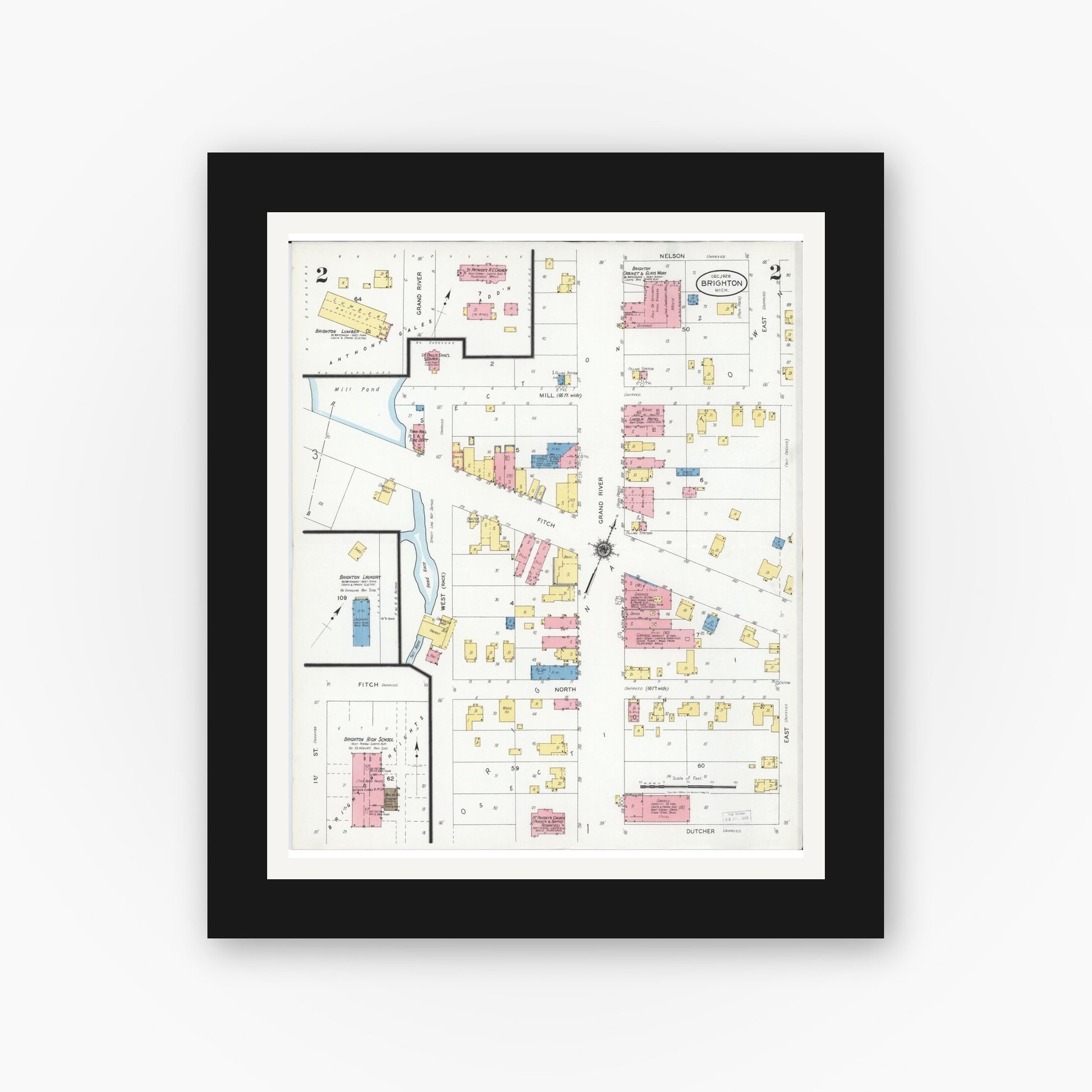 Old map wall art mockup — black gallery frame with white mat — Sanborn Fire Insurance Map from Brighton, Livingston County, Michigan (1928), Sheet #0002