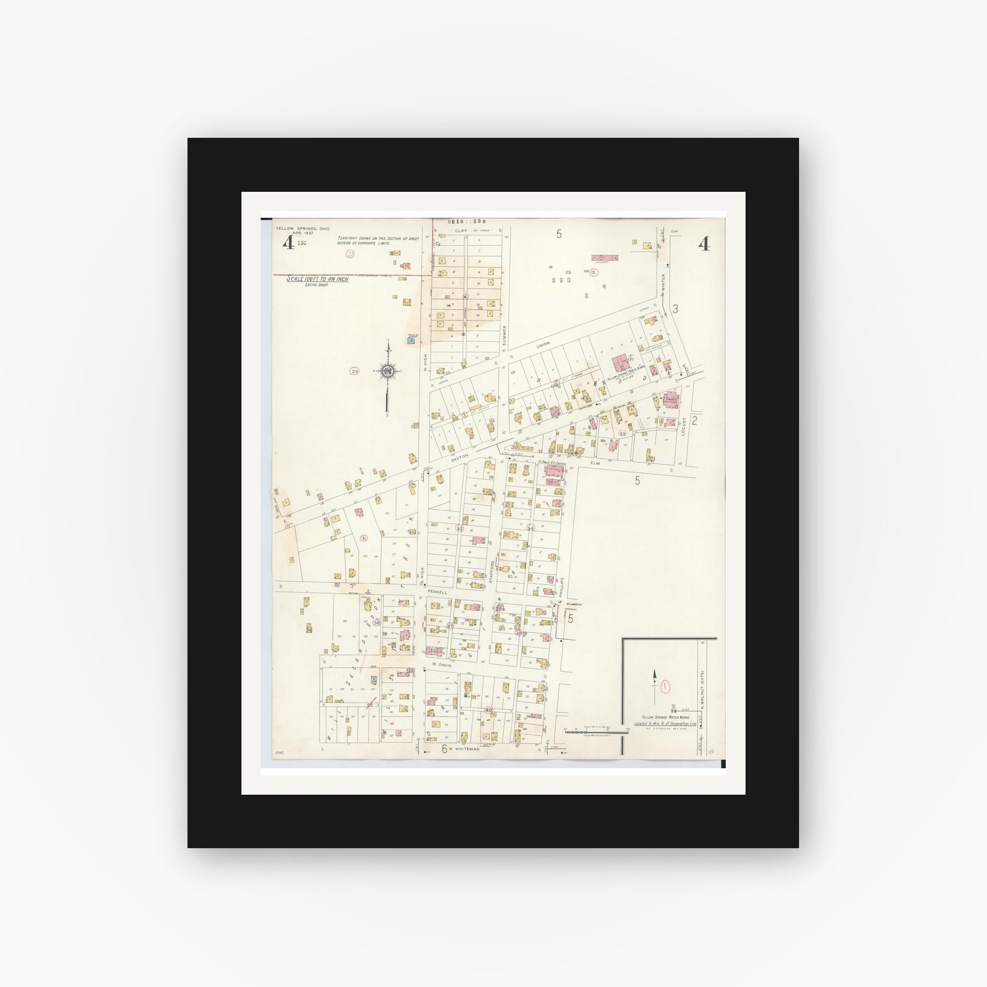 Old map wall art mockup — black gallery frame with white mat — Sanborn Fire Insurance Map from Yellow Springs, Greene County, Ohio (1945), Sheet #0004