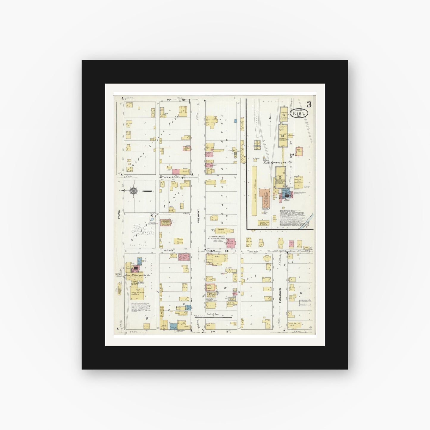 Old map wall art mockup — black gallery frame with white mat — Sanborn Fire Insurance Map from Kiel, Manitowoc and Calumet Counties, Wisconsin (1911), Sheet #0003
