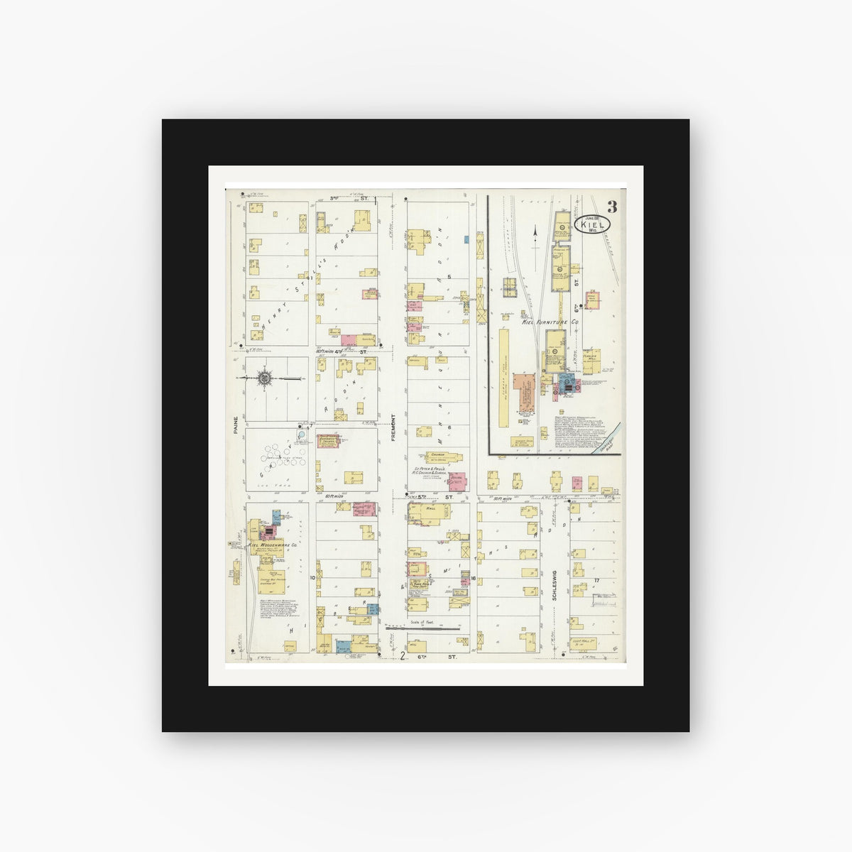 Old map wall art mockup — black gallery frame with white mat — Sanborn Fire Insurance Map from Kiel, Manitowoc and Calumet Counties, Wisconsin (1911), Sheet #0003