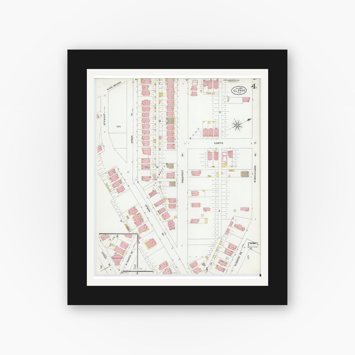Old map wall art mockup — black gallery frame with white mat — Sanborn Fire Insurance Map from El Paso, El Paso County, Texas (1905), Sheet #0004