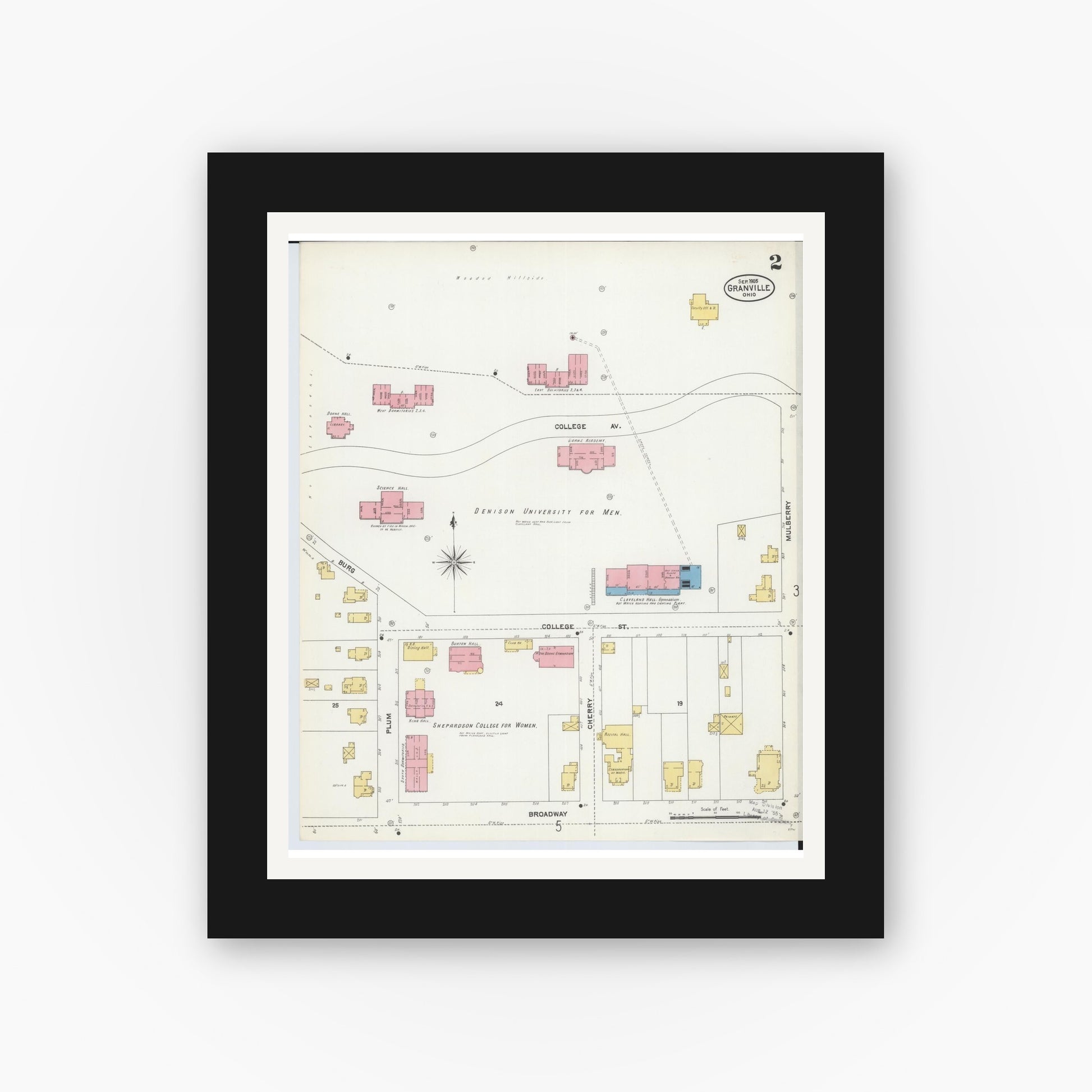 Old map wall art mockup — black gallery frame with white mat — Sanborn Fire Insurance Map from Granville, Licking County, Ohio (1905), Sheet #0002
