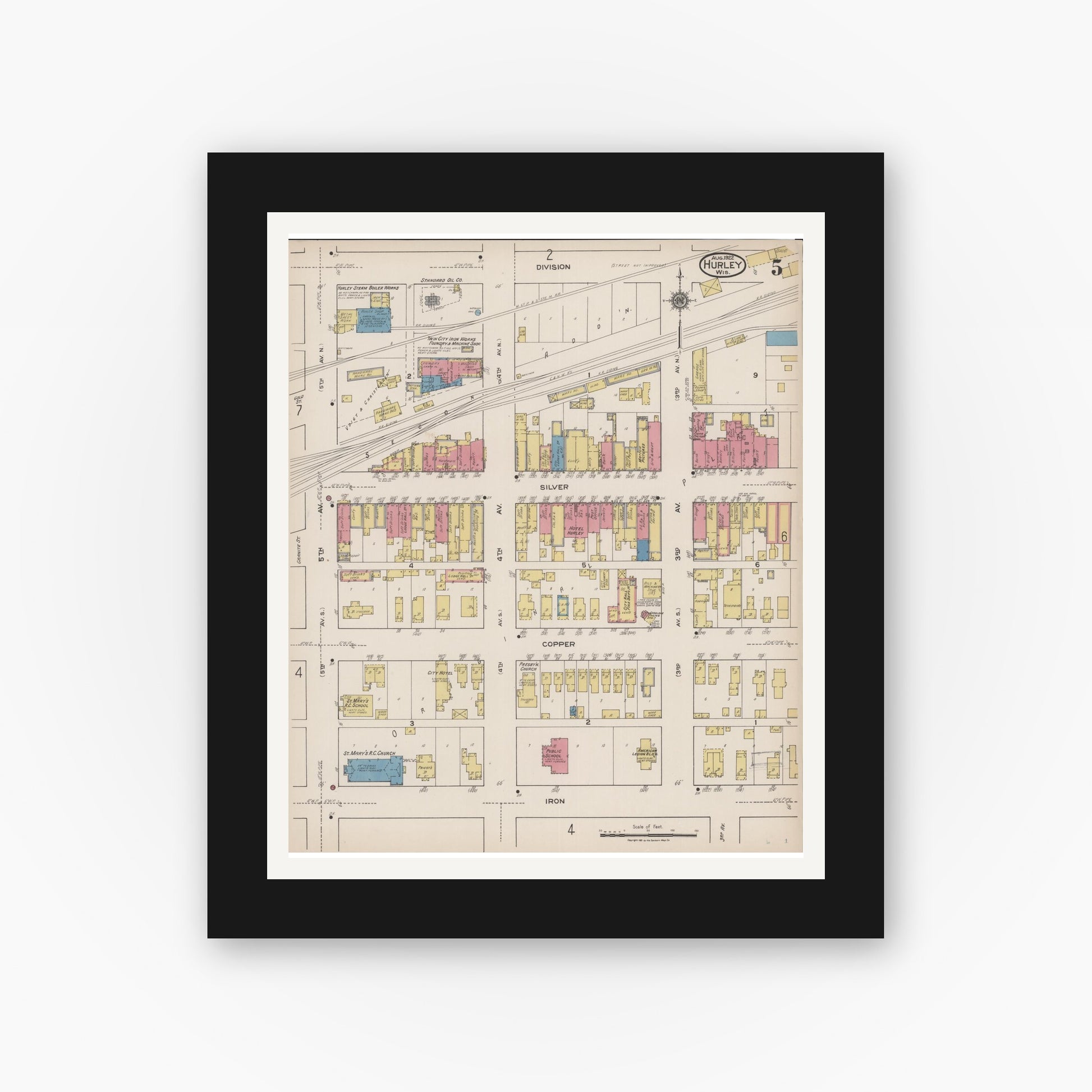 Old map wall art mockup — black gallery frame with white mat — Sanborn Fire Insurance Map from Hurley, Iron County, Wisconsin (1922), Sheet #0005