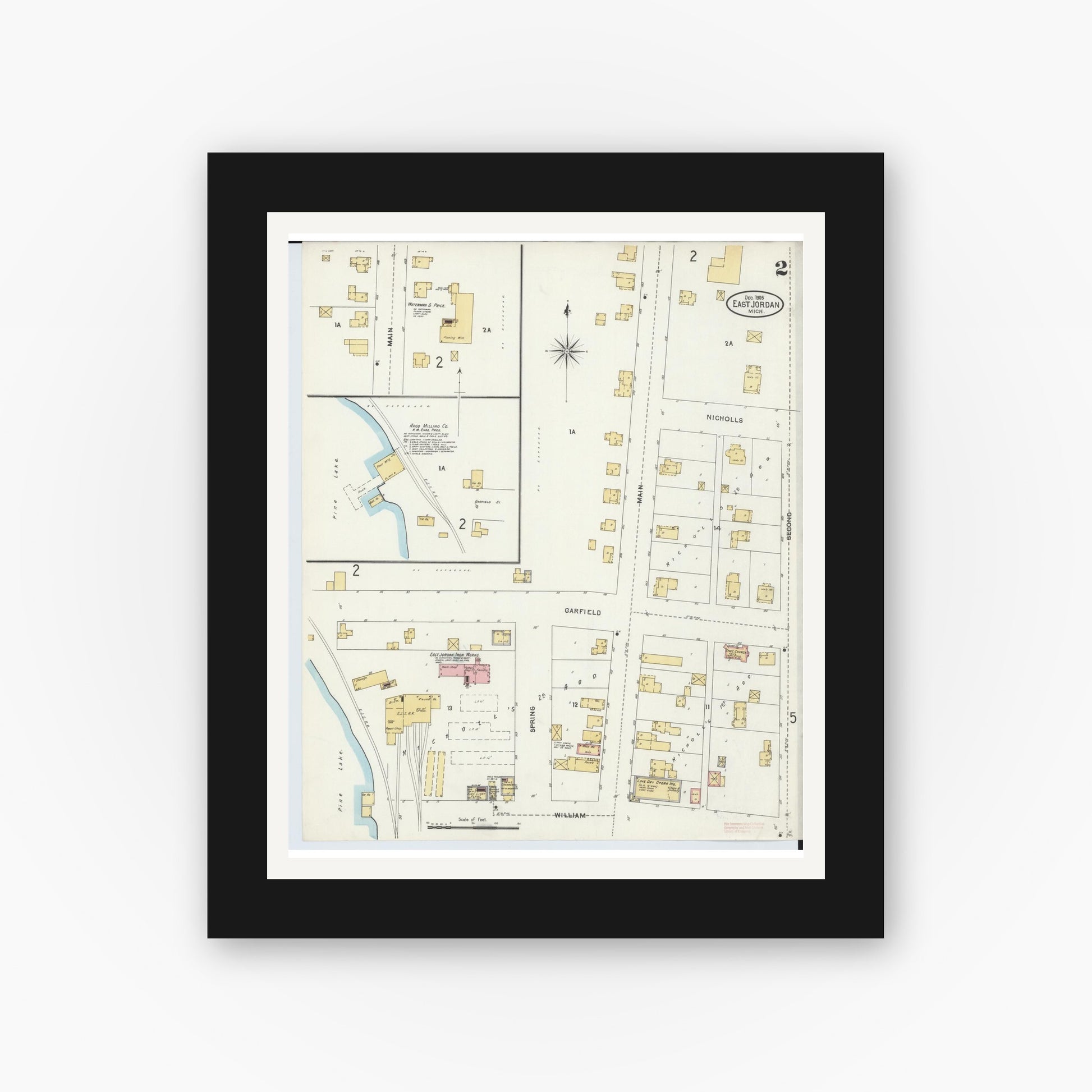 Old map wall art mockup — black gallery frame with white mat — Sanborn Fire Insurance Map from East Jordan, Charlevoix County, Michigan (1905), Sheet #0002