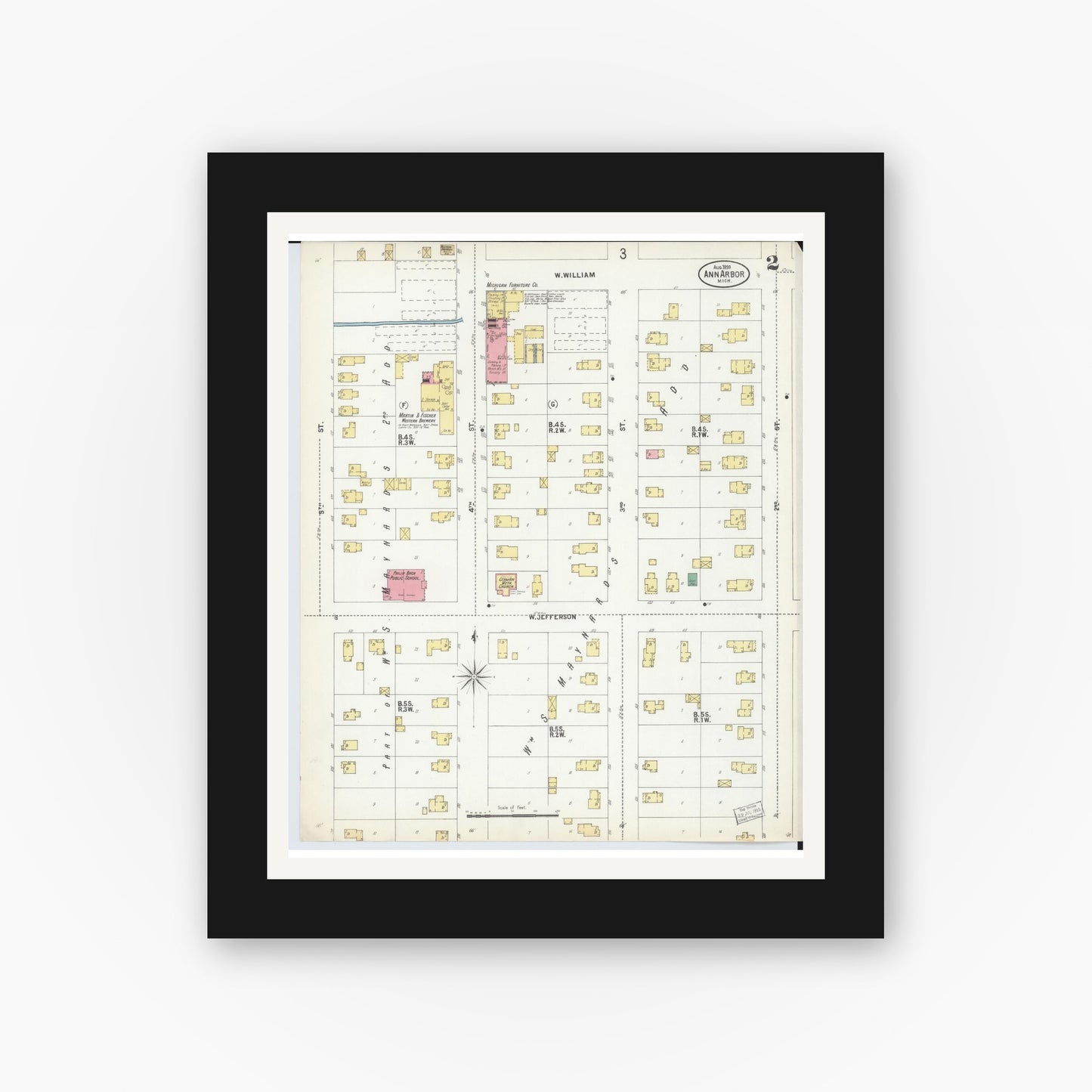 Old map wall art mockup — black gallery frame with white mat — Sanborn Fire Insurance Map from Ann Arbor, Washtenaw County, Michigan (1899), Sheet #0002