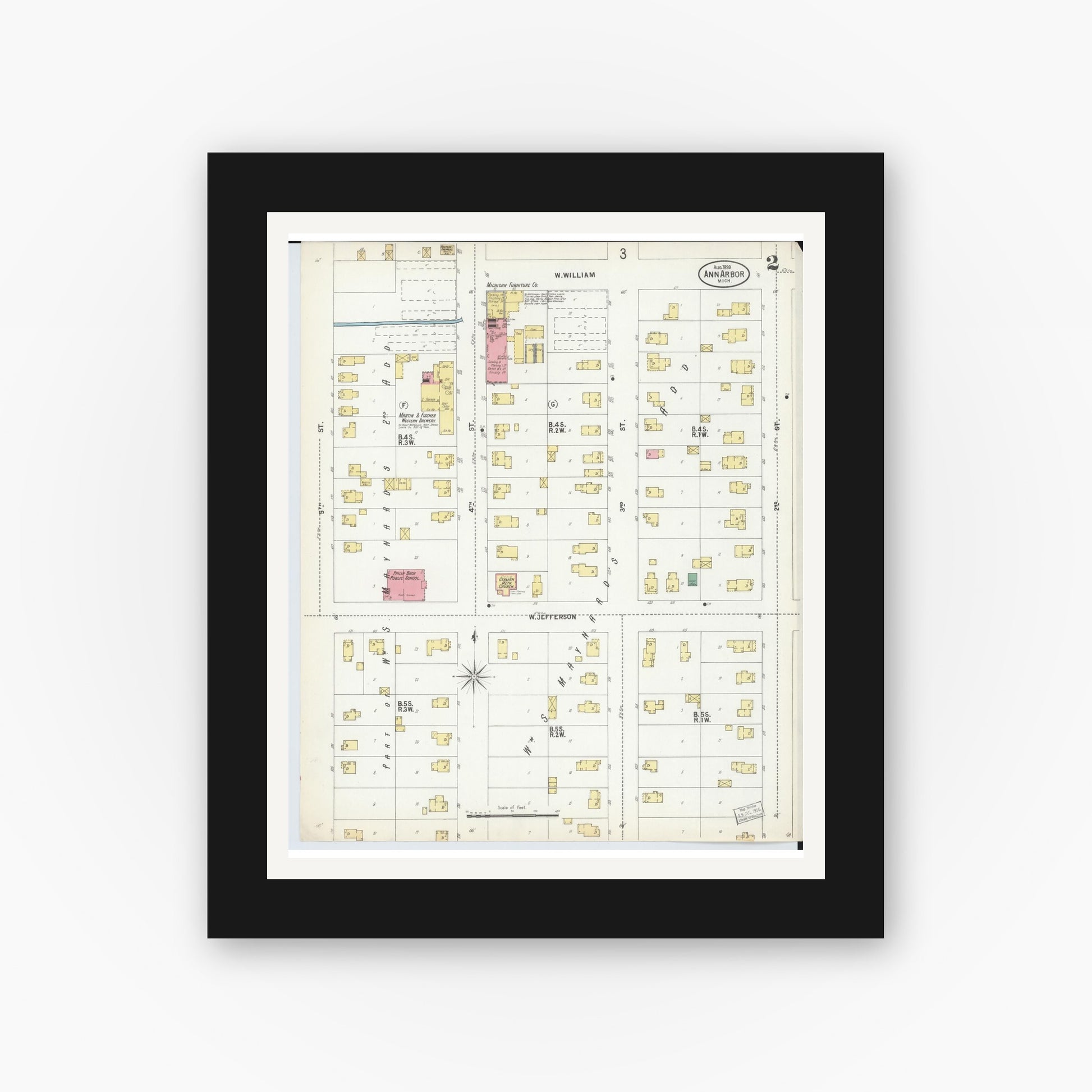 Old map wall art mockup — black gallery frame with white mat — Sanborn Fire Insurance Map from Ann Arbor, Washtenaw County, Michigan (1899), Sheet #0002