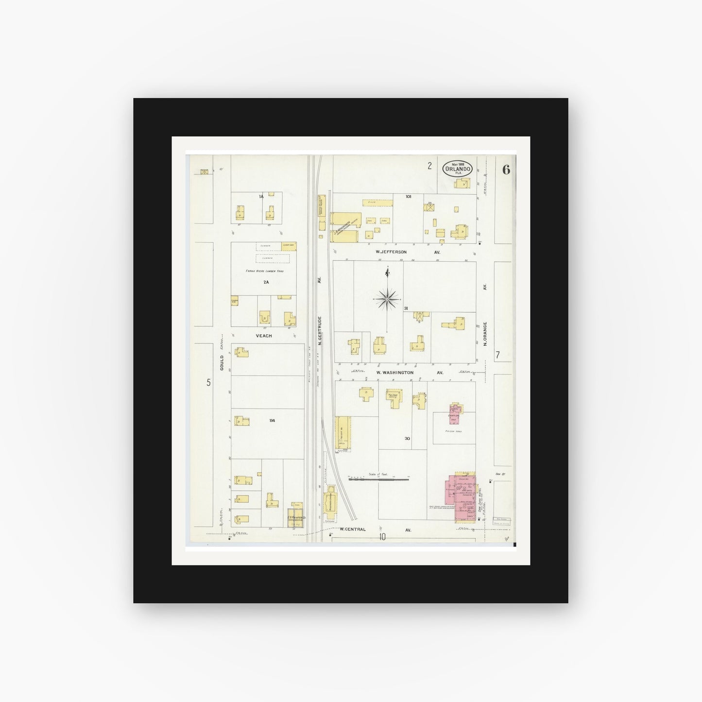 Old map wall art mockup — black gallery frame with white mat — Sanborn Fire Insurance Map from Orlando, Orange County, Florida (1908), Sheet #0006