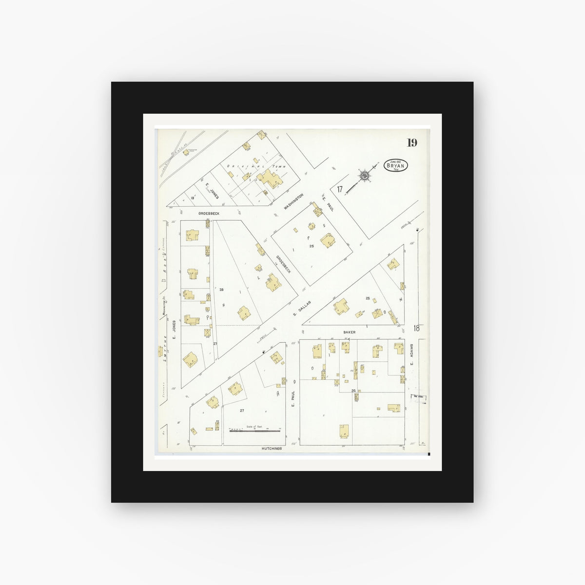 Old map wall art mockup — black gallery frame with white mat — Sanborn Fire Insurance Map from Bryan, Brazos County, Texas (1912), Sheet #0019