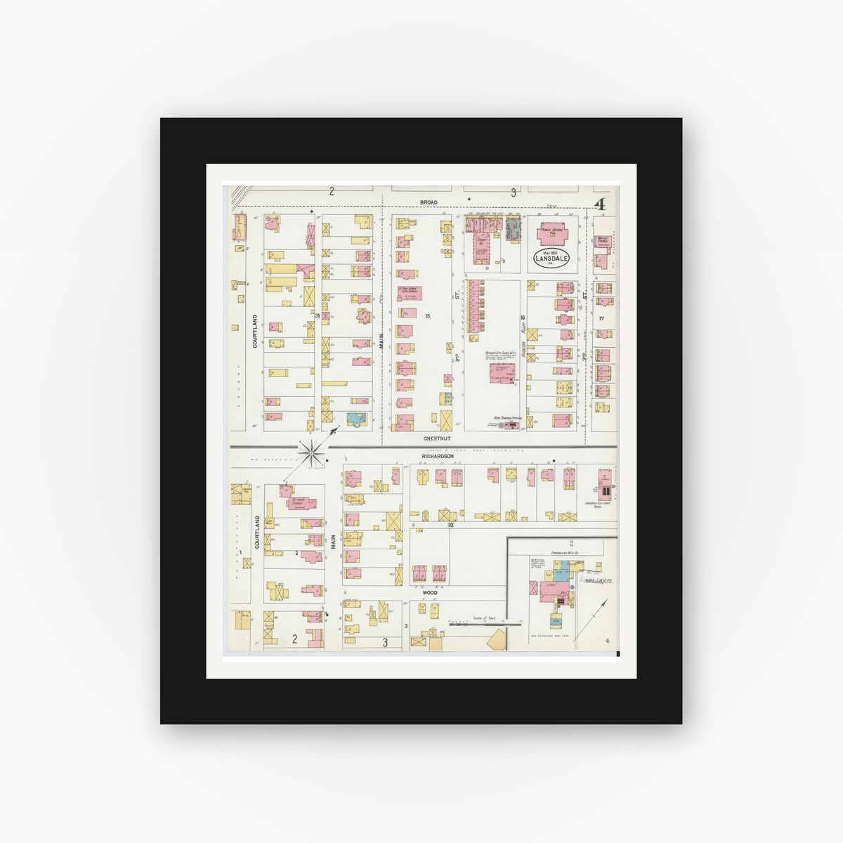 Old map wall art mockup — black gallery frame with white mat — Sanborn Fire Insurance Map from Lansdale, Montgomery County, Pennsylvania (1902), Sheet #0004