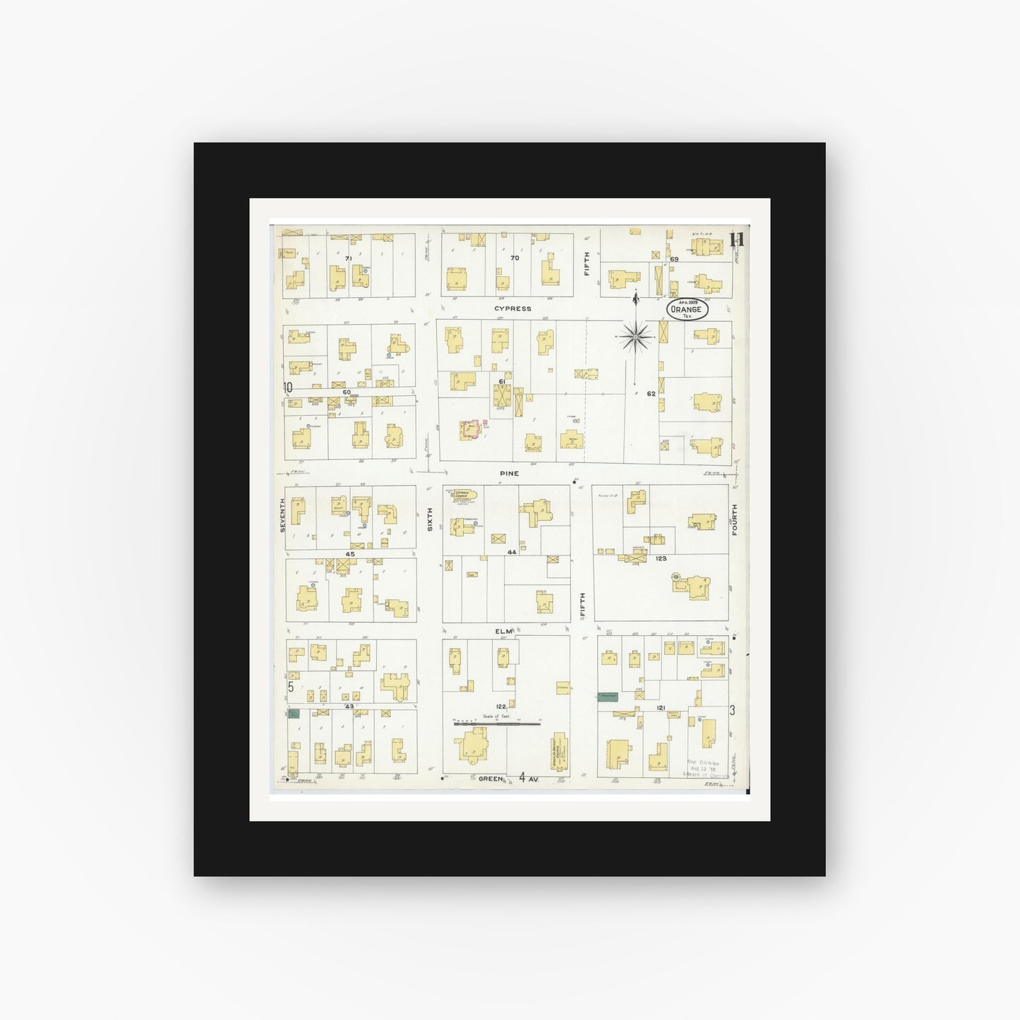 Old map wall art mockup — black gallery frame with white mat — Sanborn Fire Insurance Map from Orange, Orange County, Texas (1909), Sheet #0011