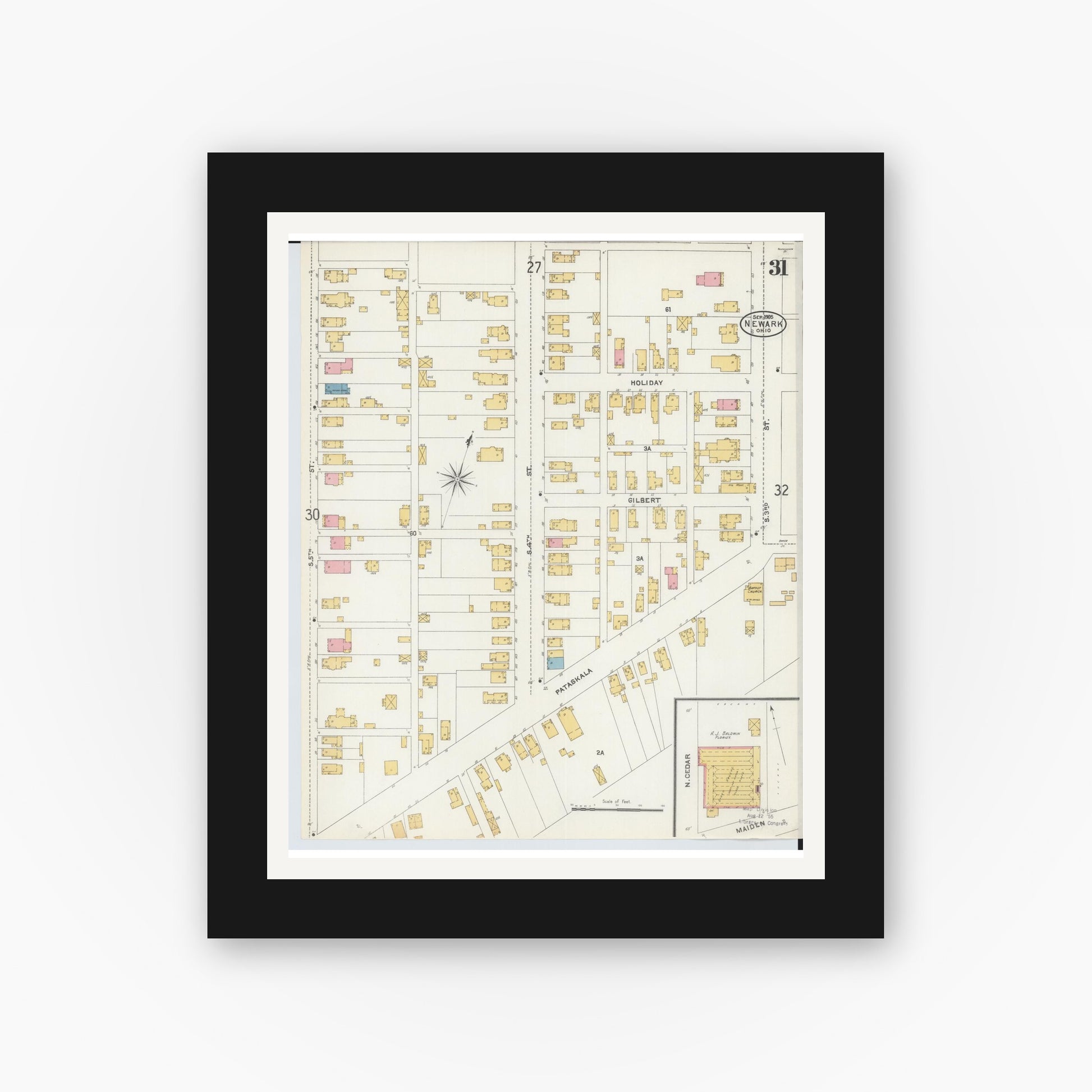 Old map wall art mockup — black gallery frame with white mat — Sanborn Fire Insurance Map from Newark, Licking County, Ohio (1905), Sheet #0031