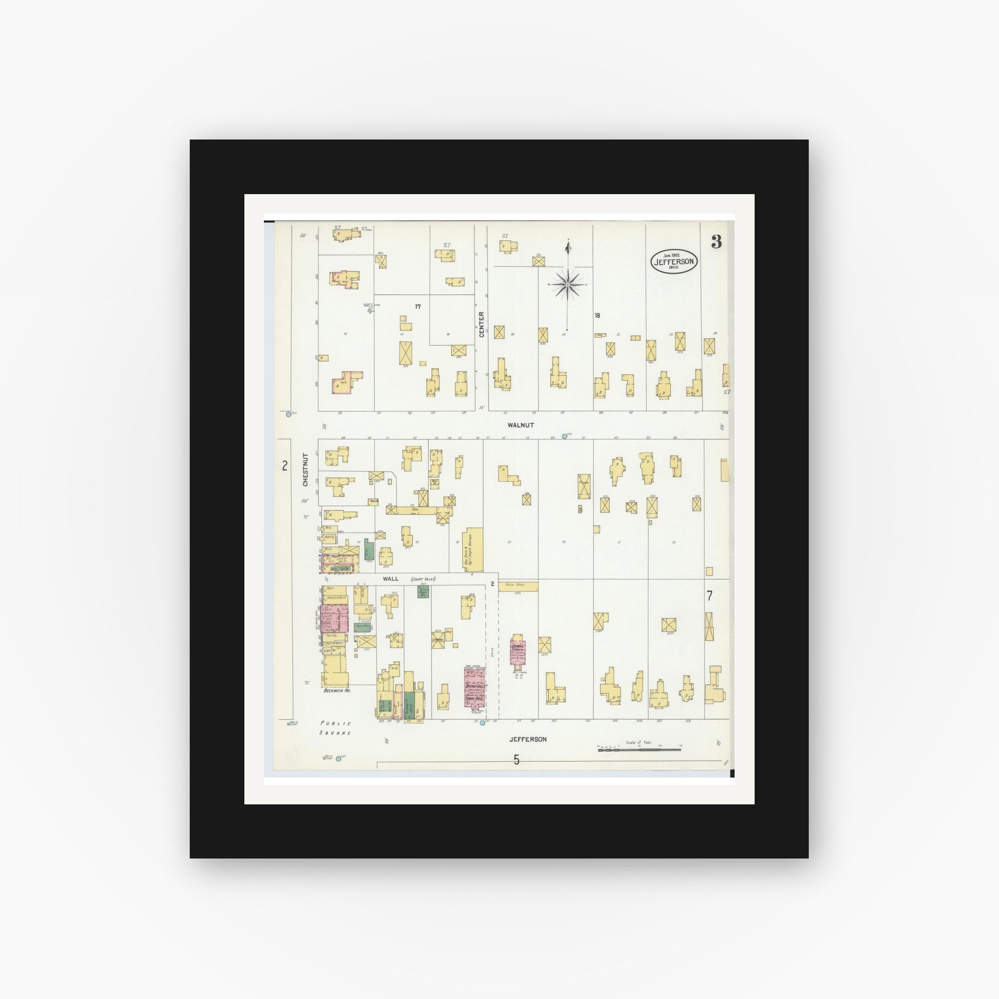 Old map wall art mockup — black gallery frame with white mat — Sanborn Fire Insurance Map from Jefferson, Ashtabula County, Ohio (1902), Sheet #0003