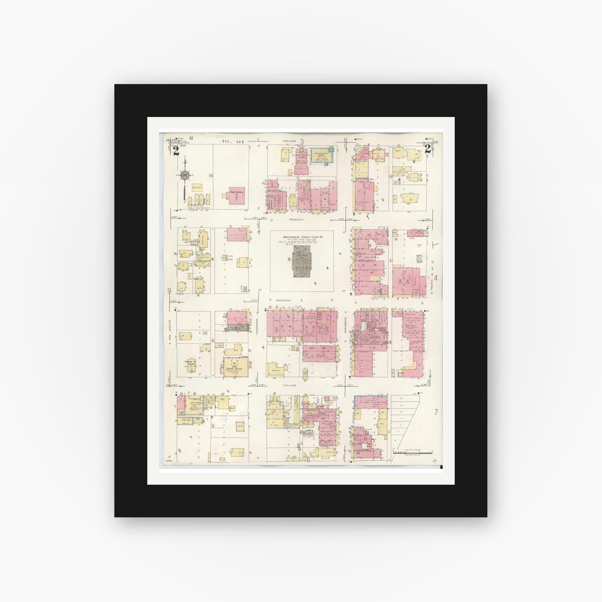 Old map wall art mockup — black gallery frame with white mat — Sanborn Fire Insurance Map from Conroe, Montgomery County, Texas (1943), Sheet #0002