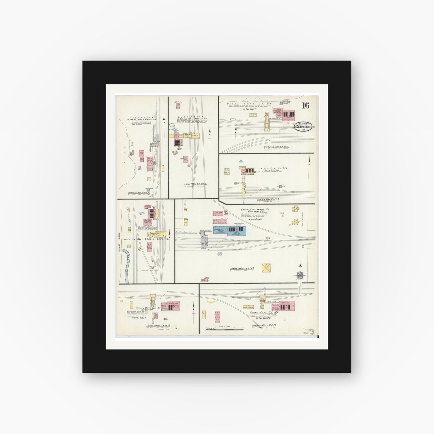 Old map wall art mockup — black gallery frame with white mat — Sanborn Fire Insurance Map from Clinton, Vermillion County, Indiana (1915), Sheet #0016