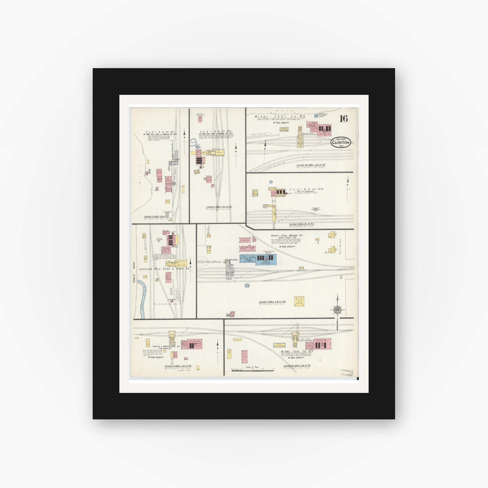 Old map wall art mockup — black gallery frame with white mat — Sanborn Fire Insurance Map from Clinton, Vermillion County, Indiana (1915), Sheet #0016