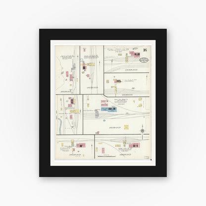 Old map wall art mockup — black gallery frame with white mat — Sanborn Fire Insurance Map from Clinton, Vermillion County, Indiana (1915), Sheet #0016