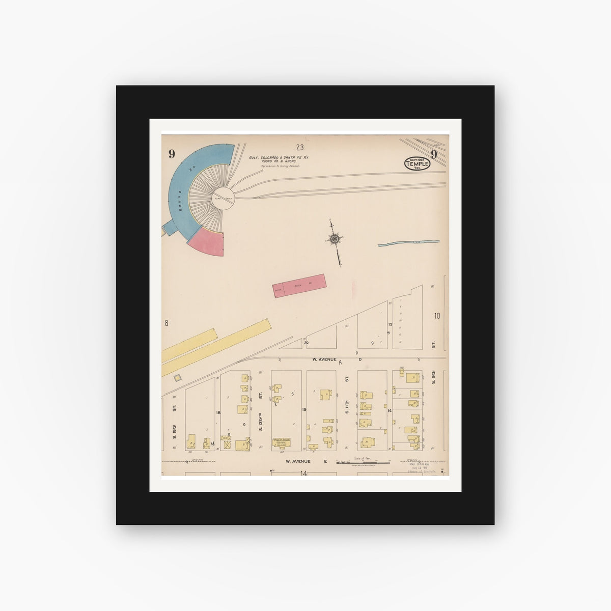 Old map wall art mockup — black gallery frame with white mat — Sanborn Fire Insurance Map from Temple, Bell County, Texas (1922), Sheet #0009